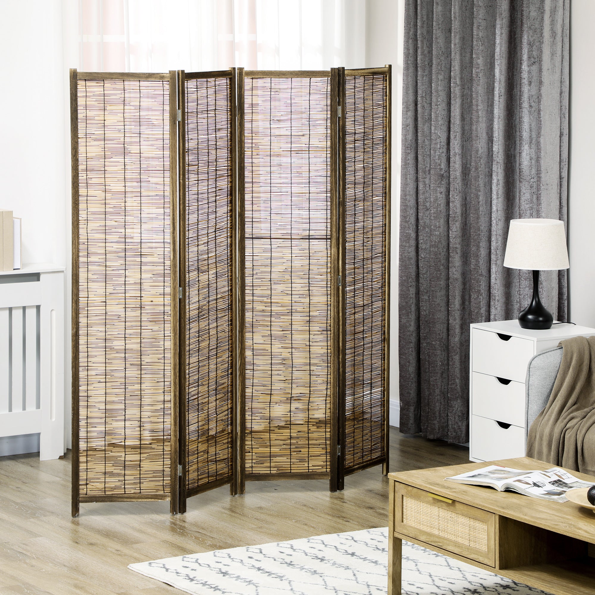 Hand Woven Room Divider, 4 Panel Folding Privacy Screen, Indoor Reed Partition Wall, 63"x67"x0.75", Brown