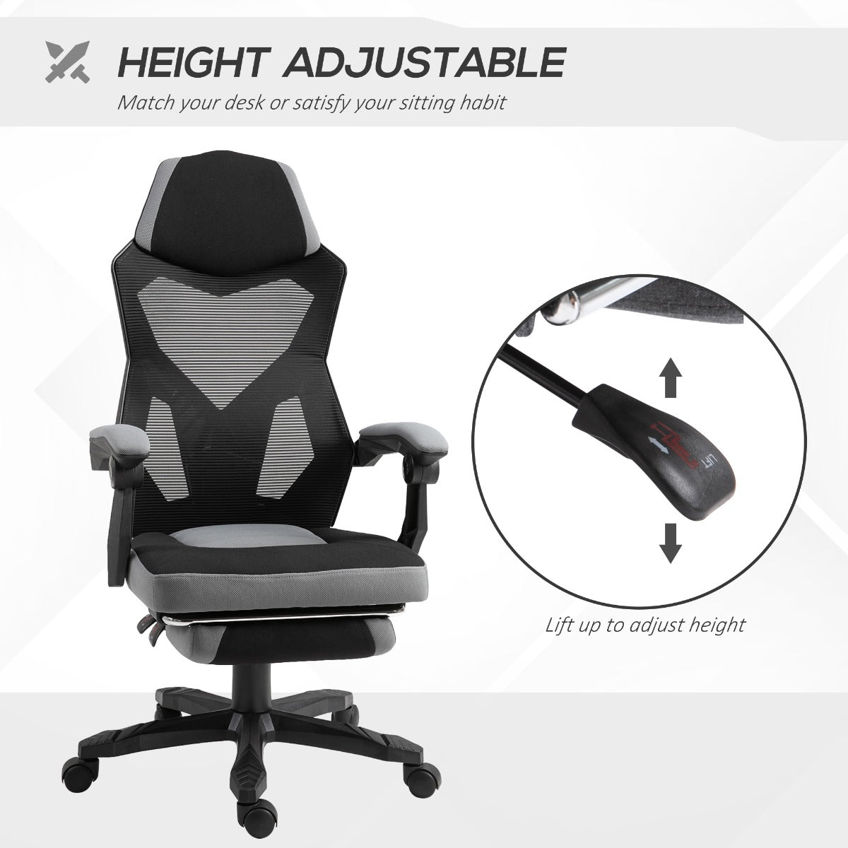 Home Office Chair Adjustable Height Recliner with Retractable Footrest, Mesh Back - Gray