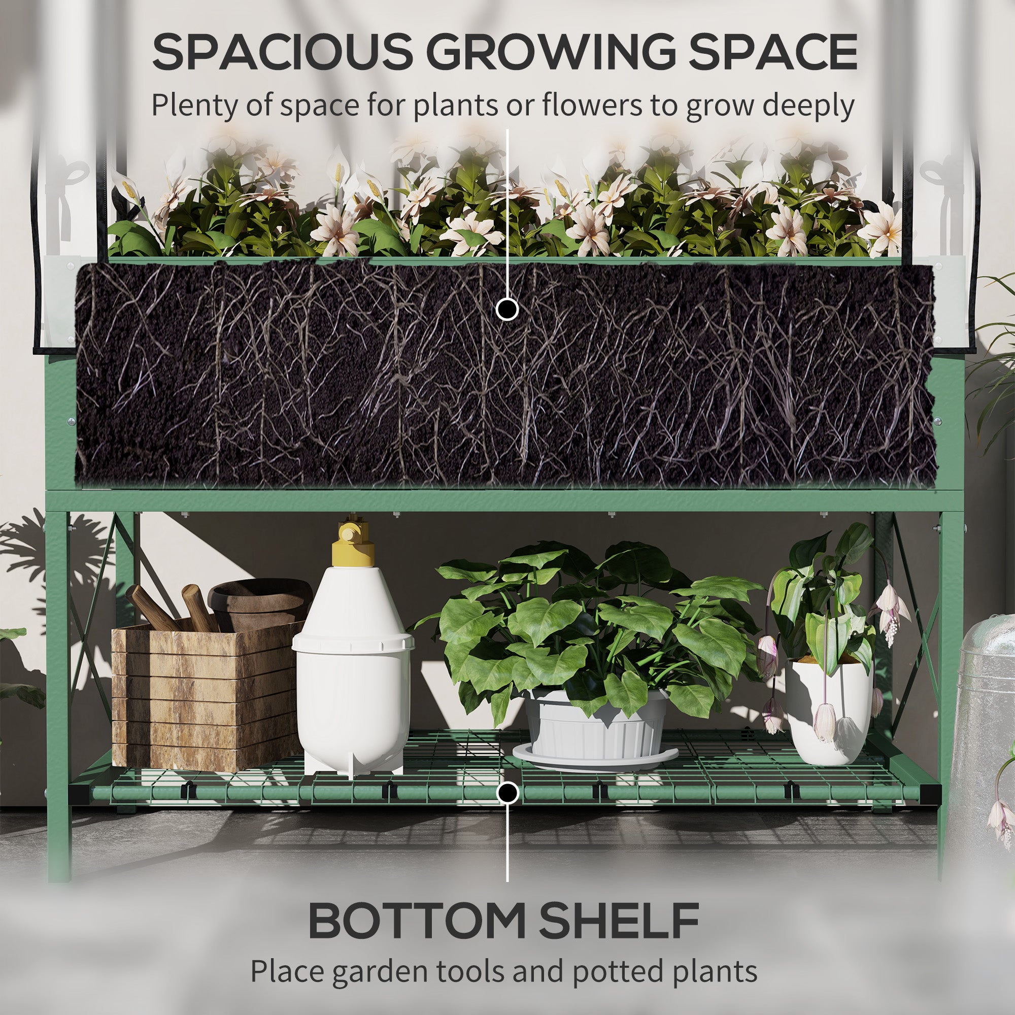 Raised Garden Bed with Legs and Cover, Metal Elevated Planter Box with Bottom Shelf and Liner for Vegetables, Green