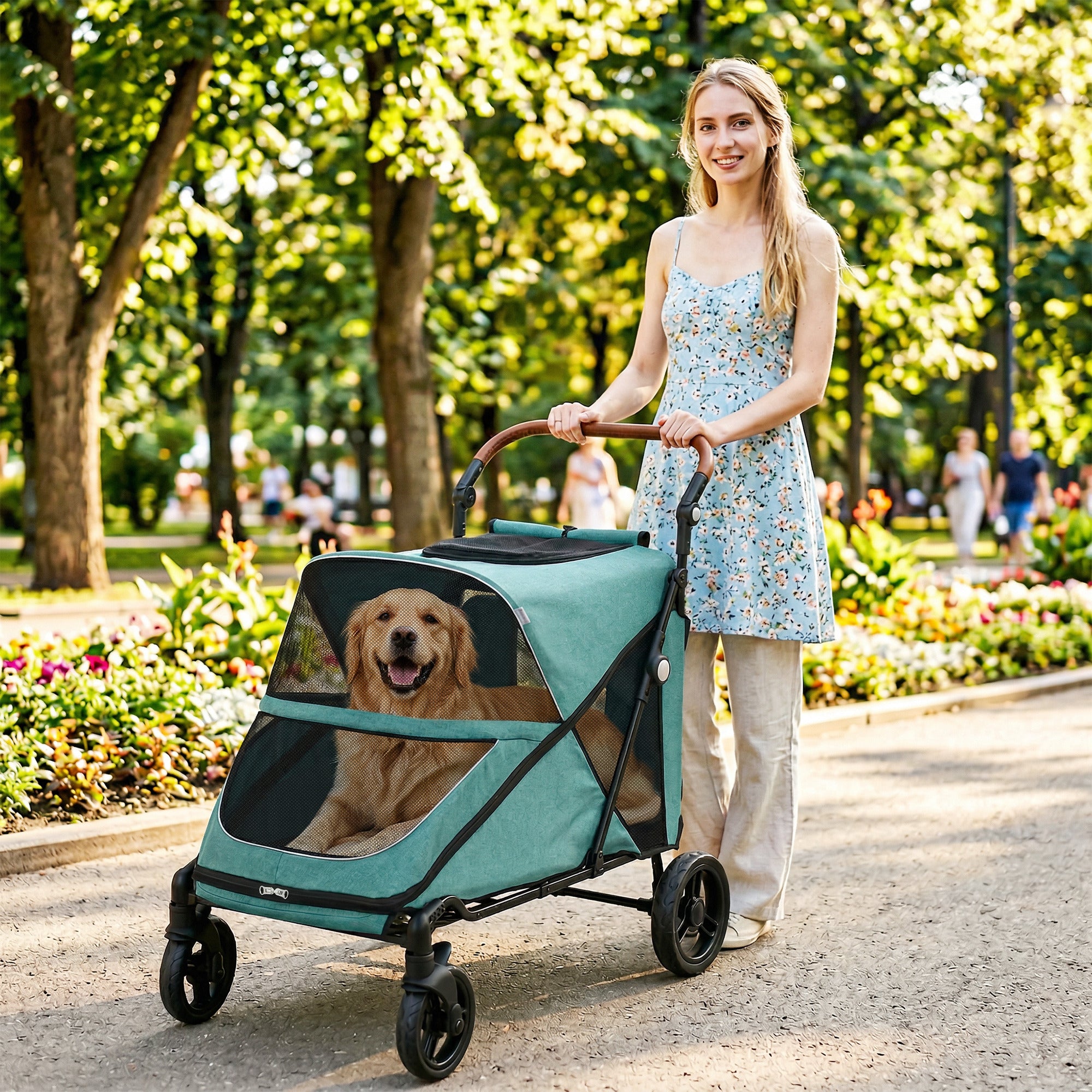 Dog Stroller for Large Dogs Up to 66 LBS with All-Terrain Spring Suspension, 8-Position Adjustable Handle, Teal