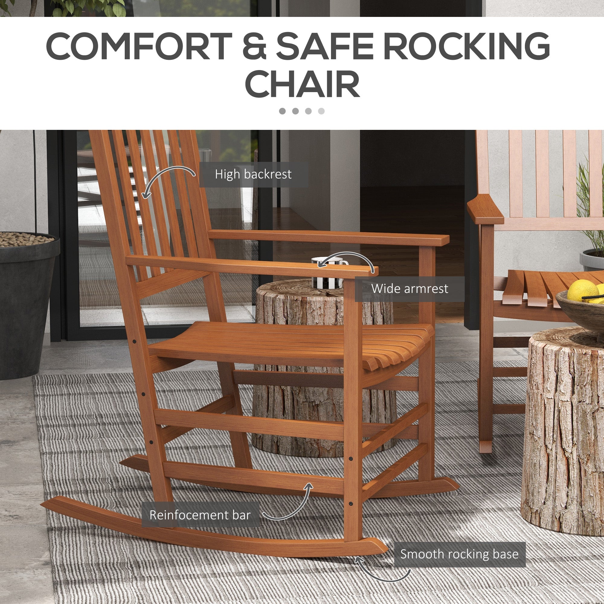 Outdoor Rocking Chair Set of 2, Patio Wooden Rocking Chair with Smooth Armrests, High Back for Garden, Balcony, Porch, Supports Up to 352 lbs, Teak