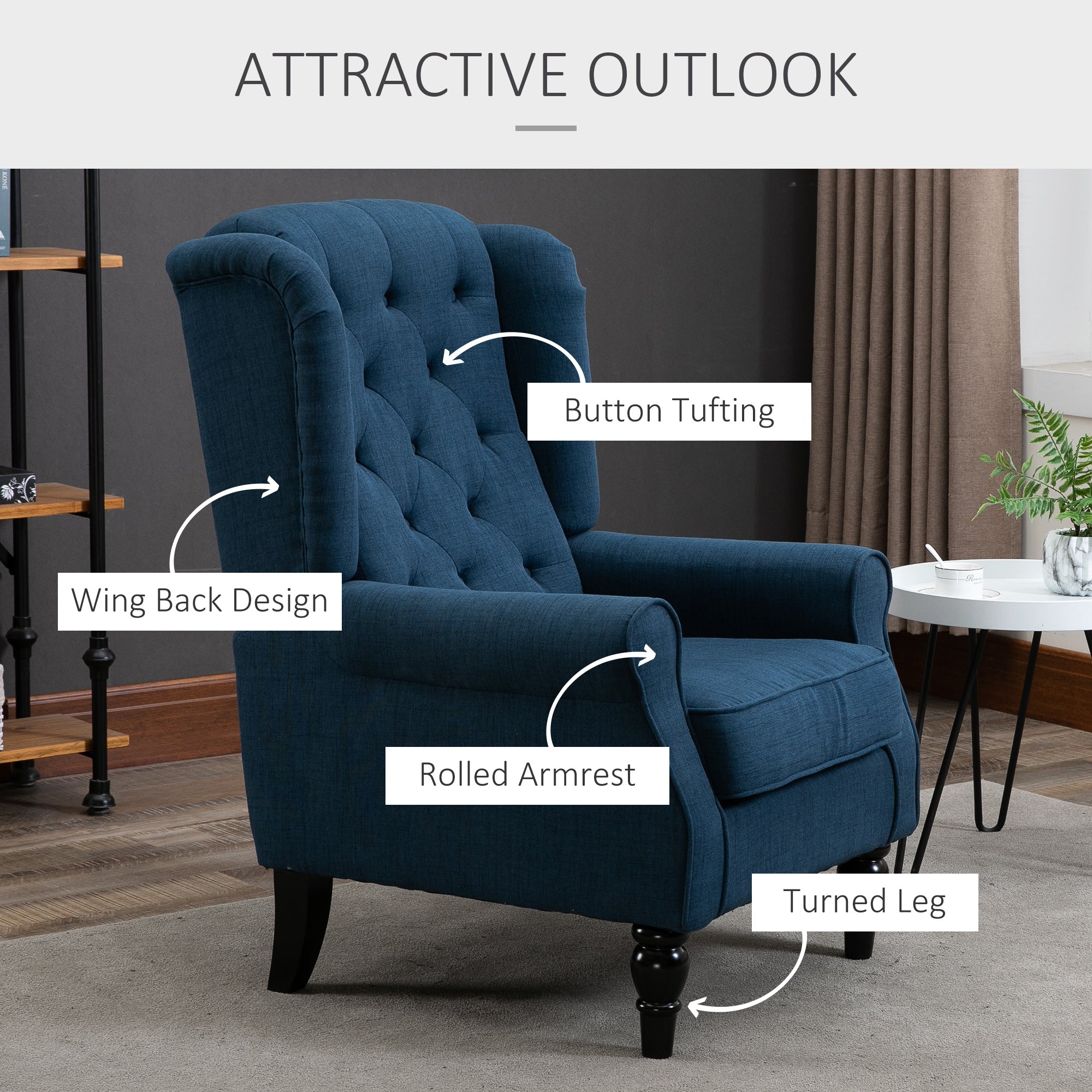 Button-Tufted Accent Chair with High Wingback, Rounded Cushioned Armrests and Thick Padded Seat, Set of 2, Blue