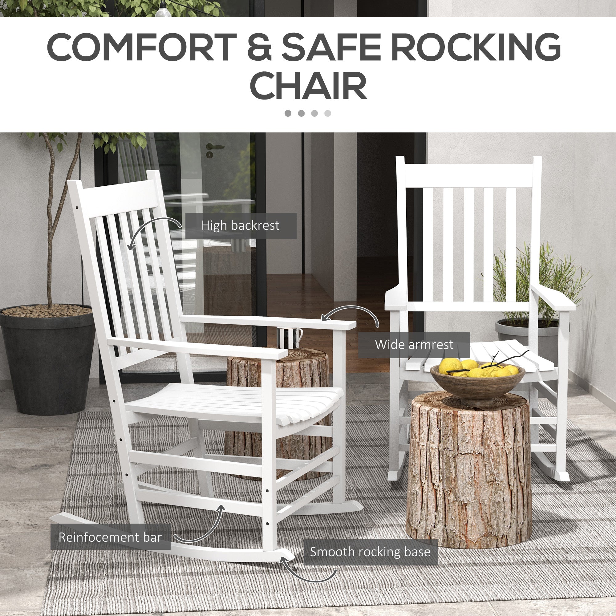 Wooden Rocking Chair Set, Curved Armrests, High Back, Slatted Seat Outdoor Rocker Set, White