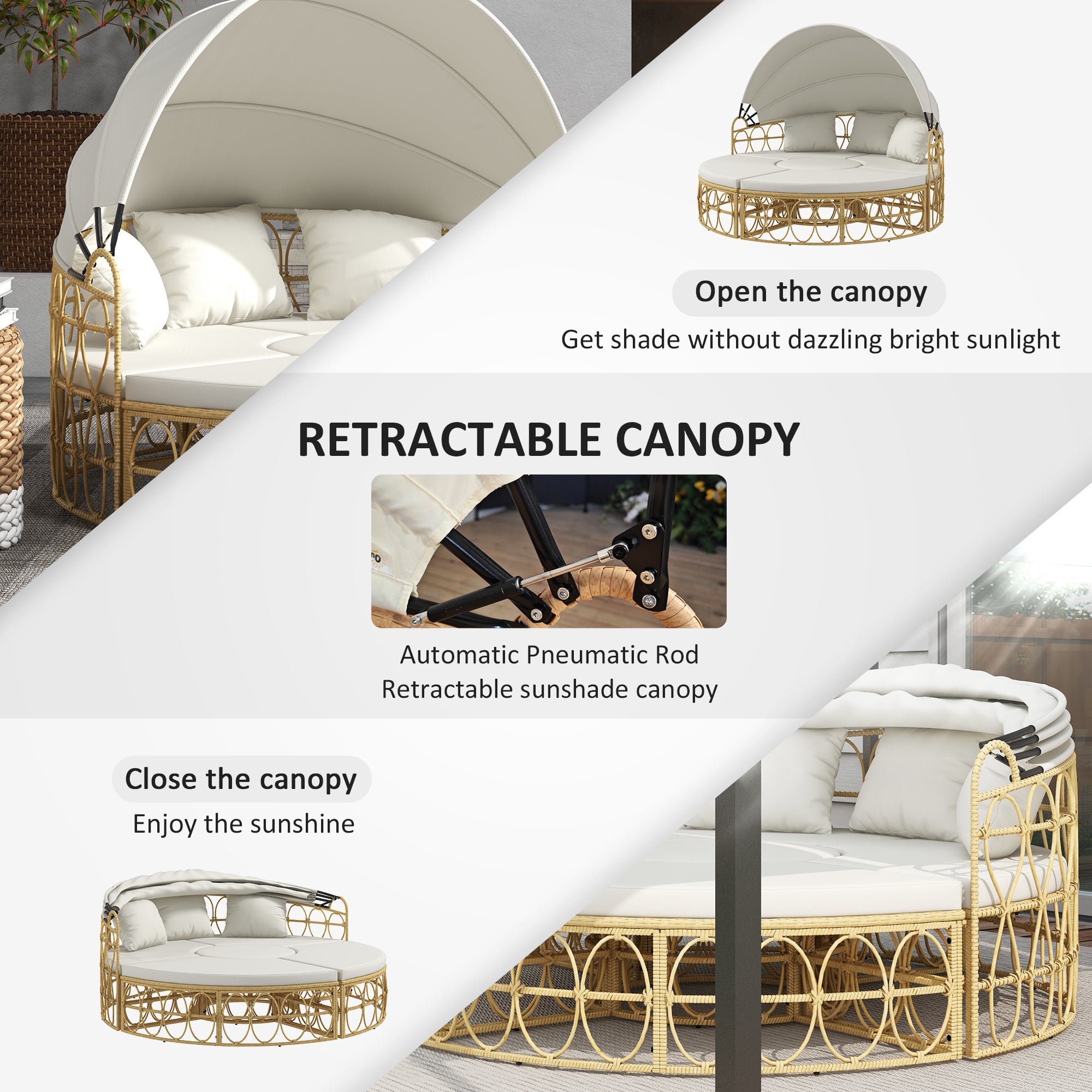 Patio Furniture Set, Round Outdoor Daybed with Retractable Canopy, Hollow Wicker PE Rattan Sectional Sofa with Washable Couch Cushions for Pool, Lawn, Cream White, 70" x 33.5" x 26.25"
