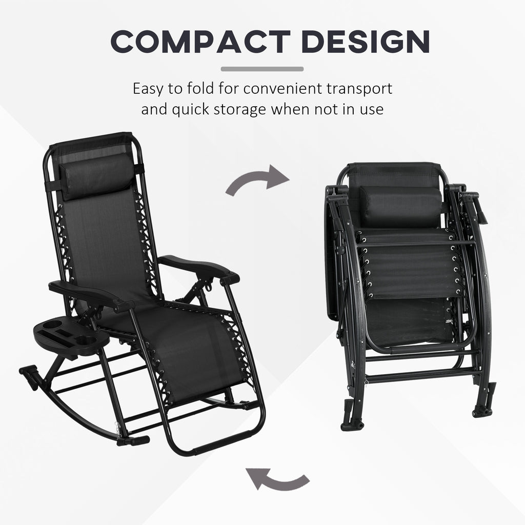 2 Outdoor Rocking Chairs Foldable Reclining Zero Gravity Lounge Rockers w/ Pillow Cup & Phone Holder, Black