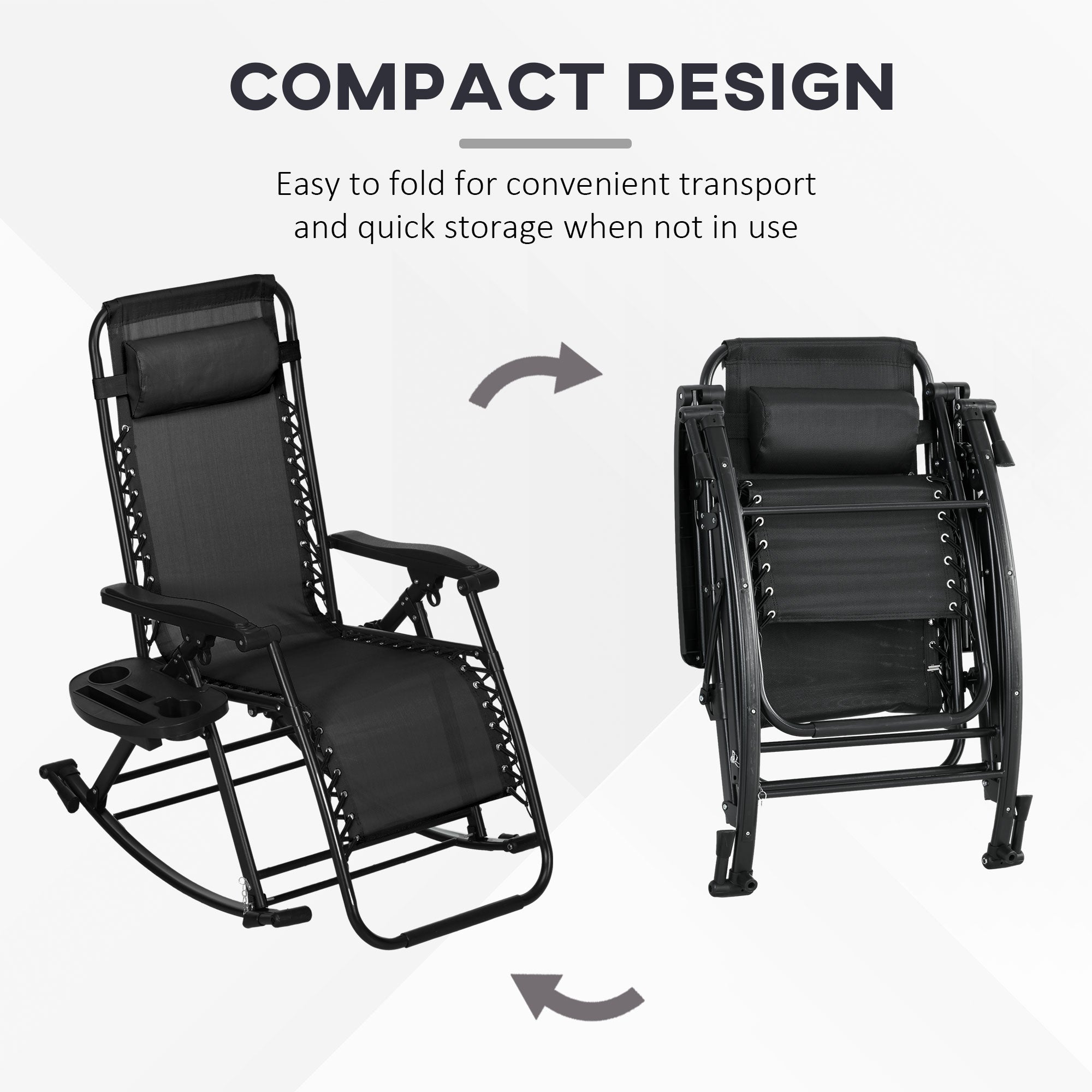 2 Outdoor Rocking Chairs Foldable Reclining Zero Gravity Lounge Rockers w/ Pillow Cup & Phone Holder, Black
