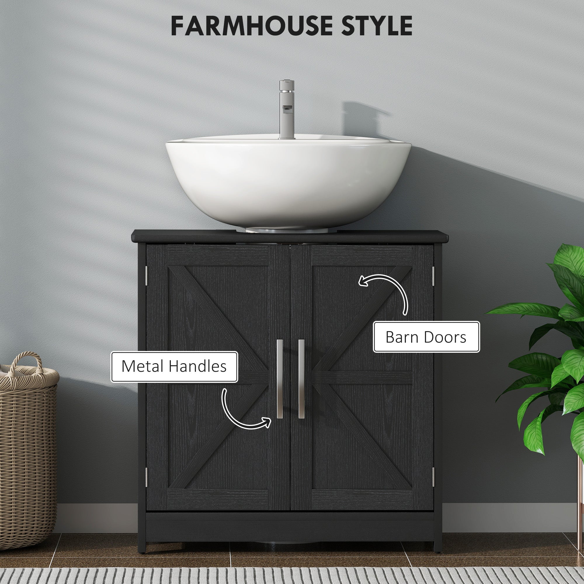 Farmhouse Pedestal Sink Storage Cabinet, Bathroom Sink Cabinet with 2 Barn Doors and Adjustable Shelf, Distressed Black
