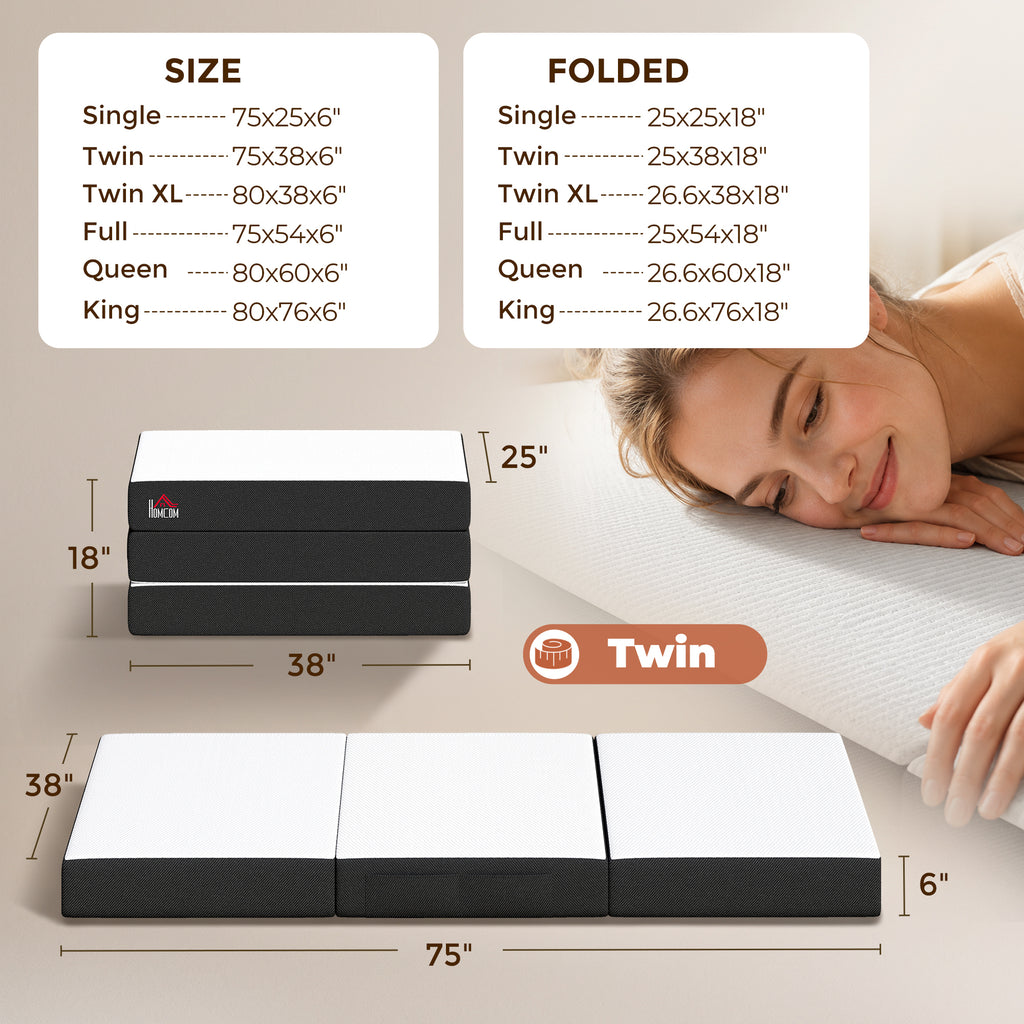 Trifold Mattress, 6 Inch Memory Foam Mattress for Guest, Camping, RV, Travel, Yoga, Made in USA, 75" x 38" x 6"