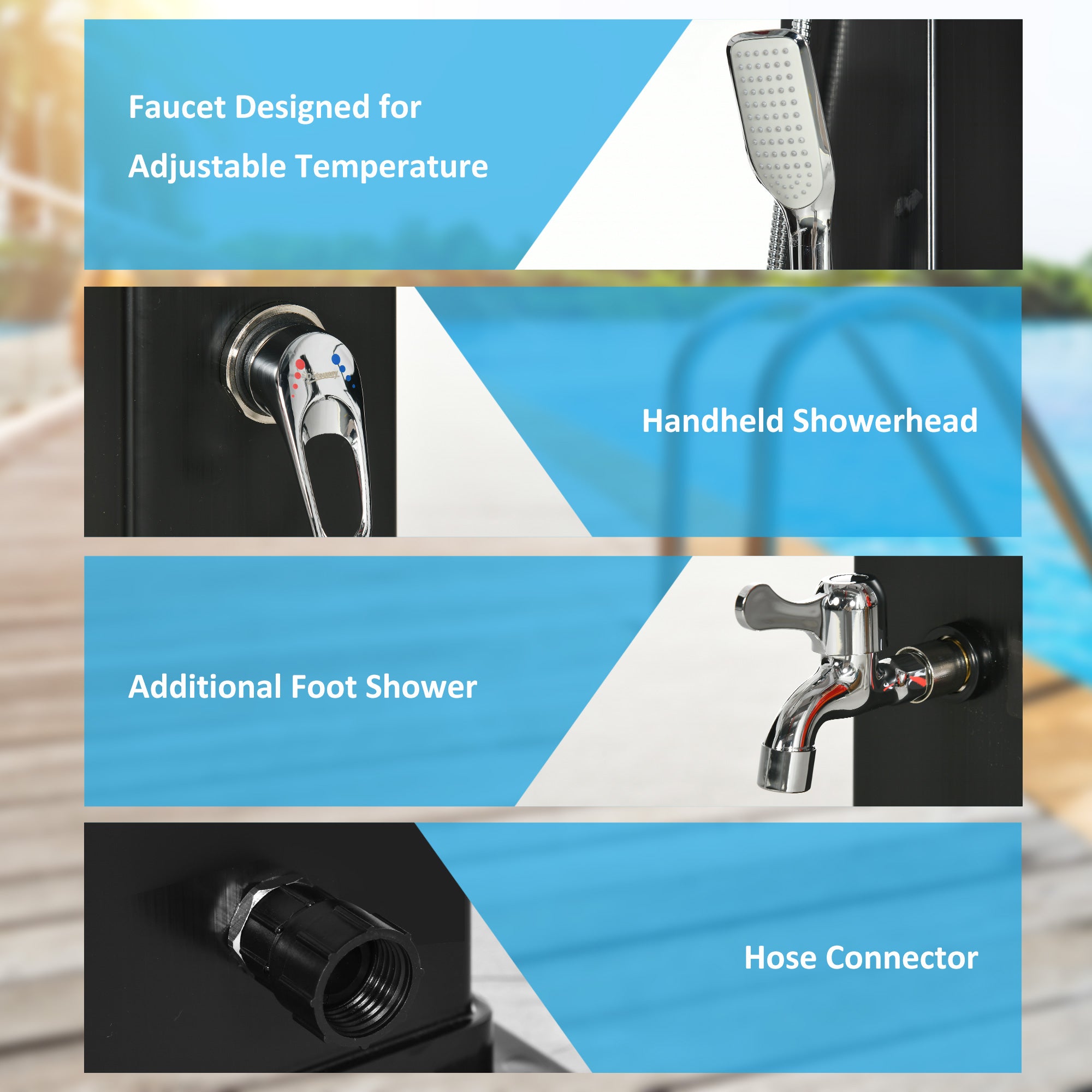 10.6 Gallons Solar Heated Shower with 360 Rotating Rainfall, Handheld Shower Head, Temperature Adjustment & Foot Shower, 2-Section Outdoor Shower for Backyard Poolside Beach Pool Spa, 7ft