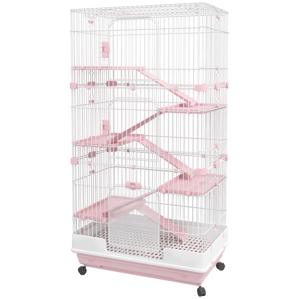 32"L 6-Level Small Animal Cage Rabbit Hutch with Universal Lockable Wheels, Slide-out Tray for Bunny, Chinchillas, Ferret, Pink