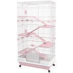 32"L 6-Level Small Animal Cage Rabbit Hutch with Universal Lockable Wheels, Slide-out Tray for Bunny, Chinchillas, Ferret, Pink
