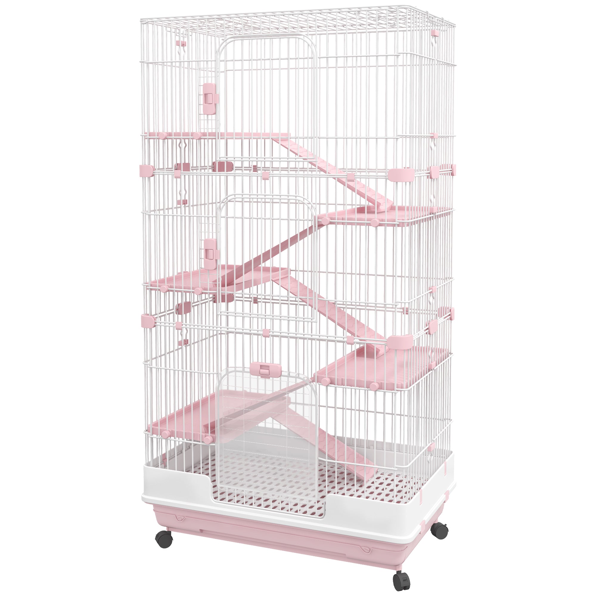 32"L 6-Level Small Animal Cage Rabbit Hutch with Universal Lockable Wheels, Slide-out Tray for Bunny, Chinchillas, Ferret, Pink