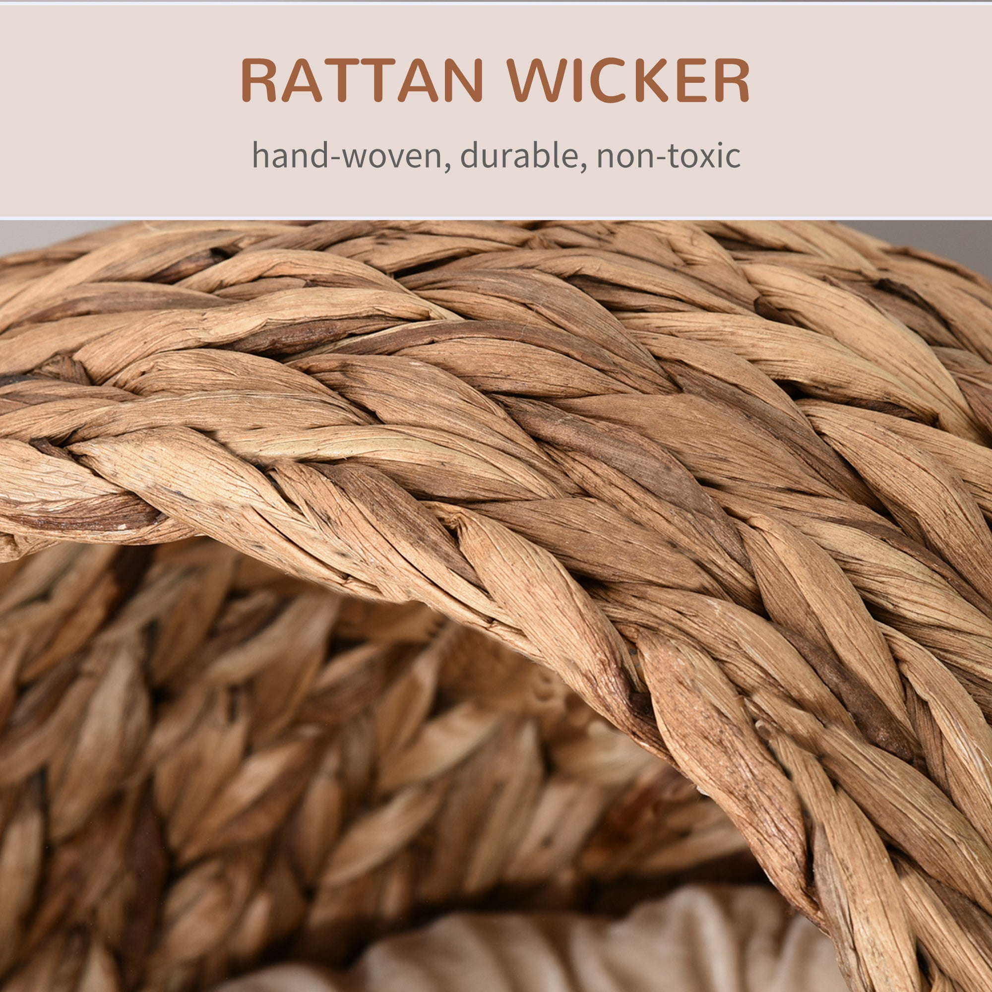 Handwoven Elevated Cat Bed with Soft Cushion & Egg Chair Shape, Basket Bed Kitty House with Stand, Raised Wicker House for Indoor Cats, 23.5" H, Light Brown