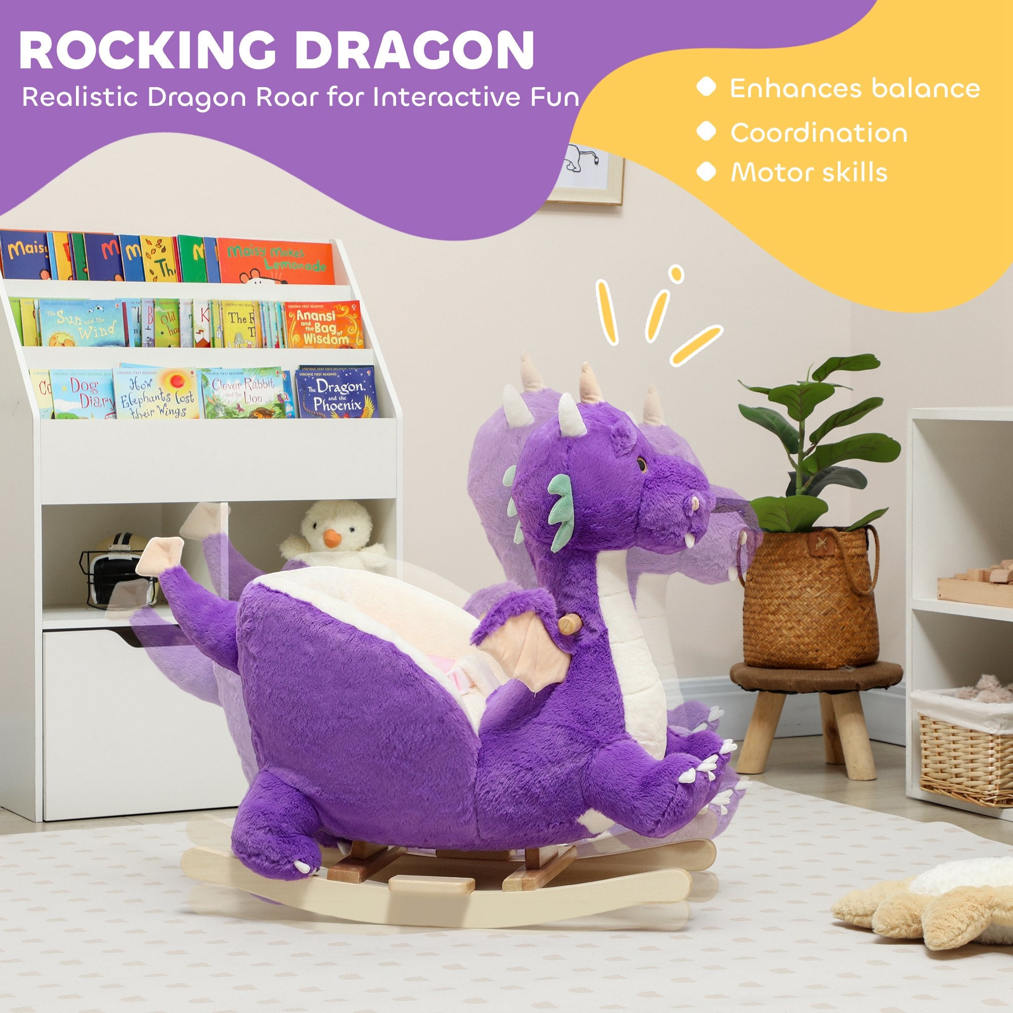 Baby Rocking Horse, Kids Ride On Dragon Toy with Realistic Dragon Roar and Safety Belt for Kids 18–36 Months, Purple