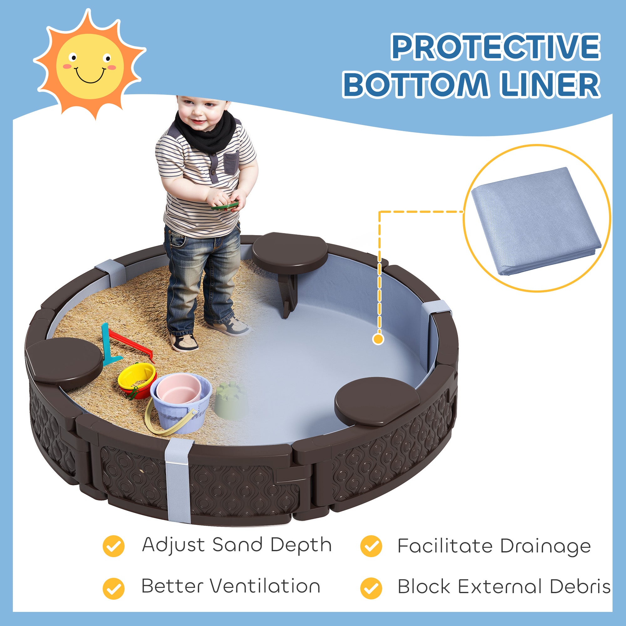 47" Round Kids Sandbox with Cover, 3 Seats, Waterproof Bottom Liner, for Backyard, Lawn, Garden, Beach, Patio, Brown