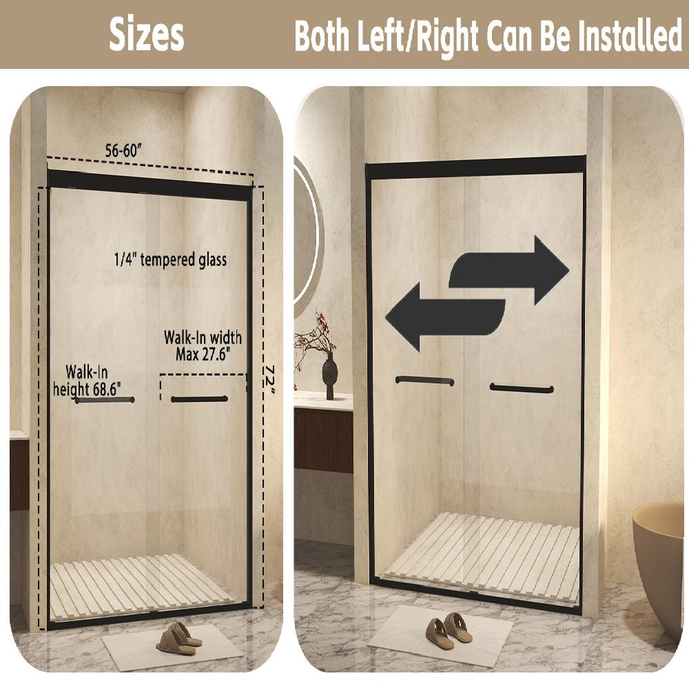 Aluminum Frame Double Sliding Shower Door with Safety Film, Stainless Steel Long Handle, Panel for Bathroom, 60" L x 0.5" W x 72" H, Matt Black