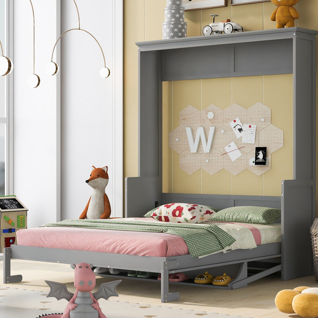 Space-Saving Design Queen Size Murphy Bed with Shelf, Solid Wood and MDF, 86" L x 69.5" W x 87" H, Gray