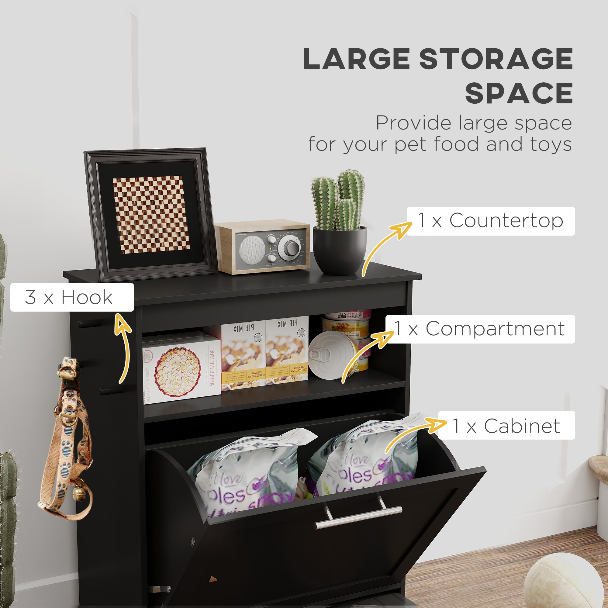Pet Feeder Station Storage Cabinet, Dog Food Storage Container with Dog Raised Bowls, Watering Supplies, Black
