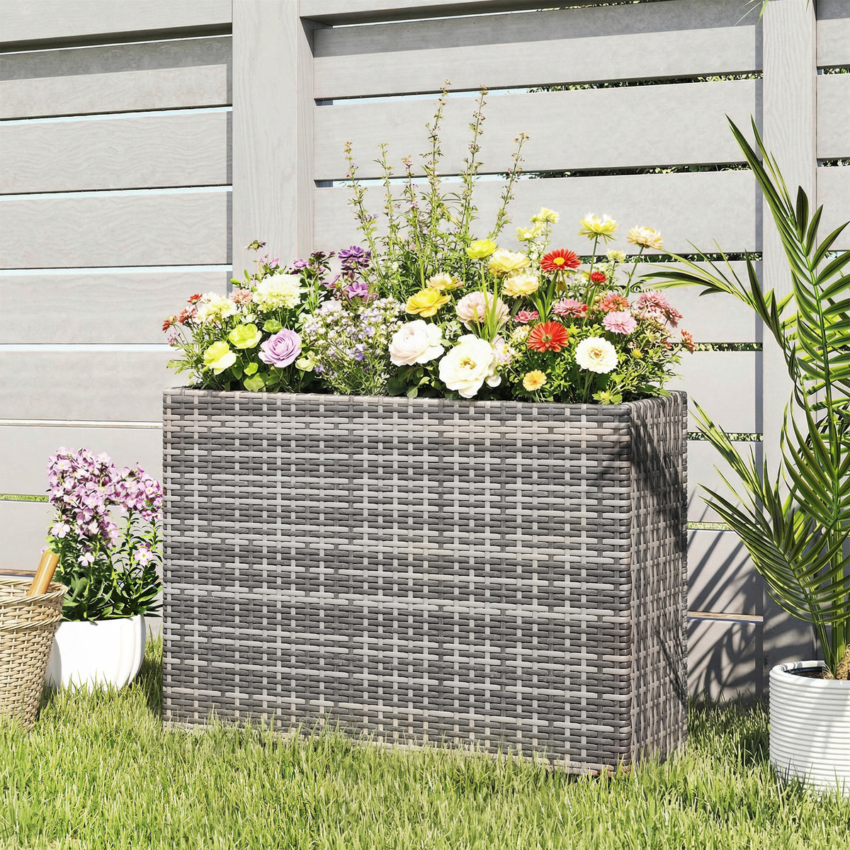 Tall Rectangular Planter with Removable Liner, Holes, PE Wicker Large Planter Box for Indoor Outdoor Plants, Gray