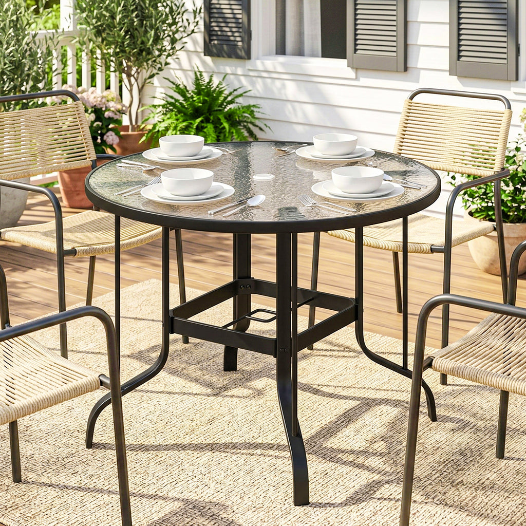 38" Round Patio Table with Umbrella Hole, Tempered Glass Outdoor Dining Table, Black