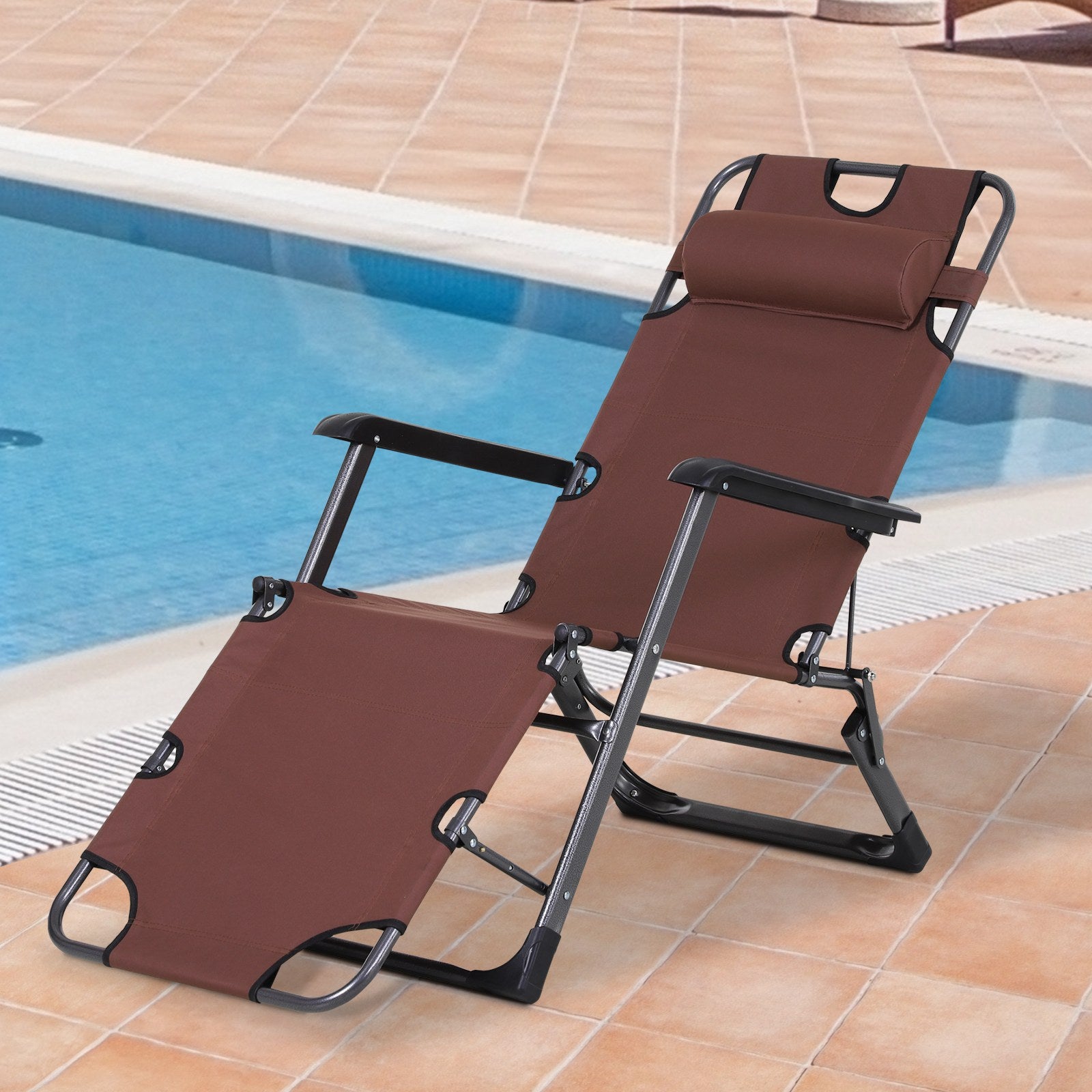 Oxford Fabric Metal Frame Outdoor Pool Sun Lounger Lounge Chair 120°/180°, Brown