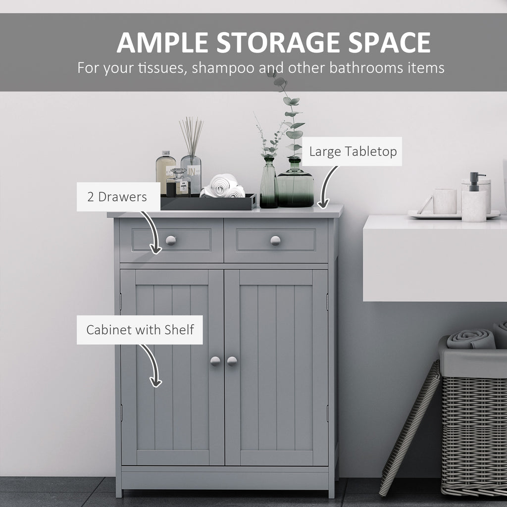 Freestanding Bathroom Floor Cabinet, Wooden Bathroom Cabinet with 2 Doors, 2 Drawers and Adjustable Shelf, Gray