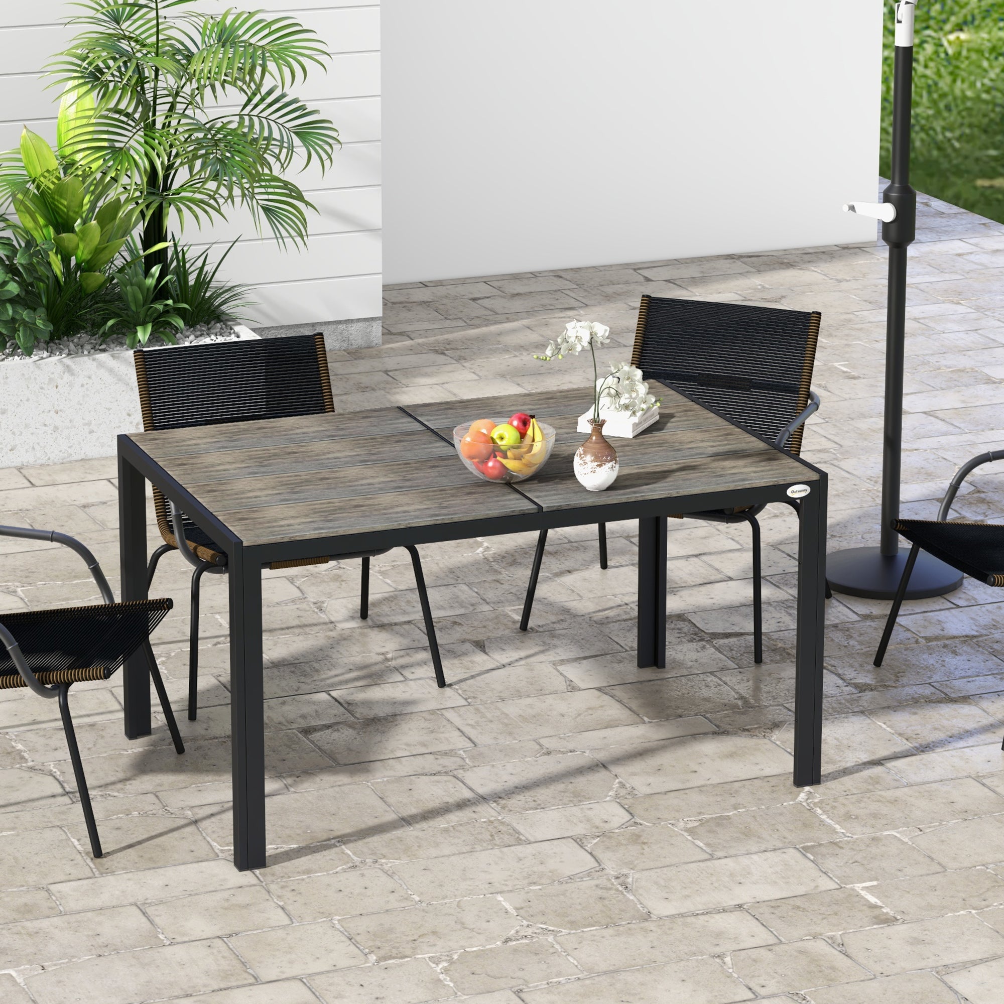 Patio Table for 6 with Aluminum Frame, Faux Wood Tabletop, Rectangular Outdoor Table for Backyard, Lawn, Balcony, Gray