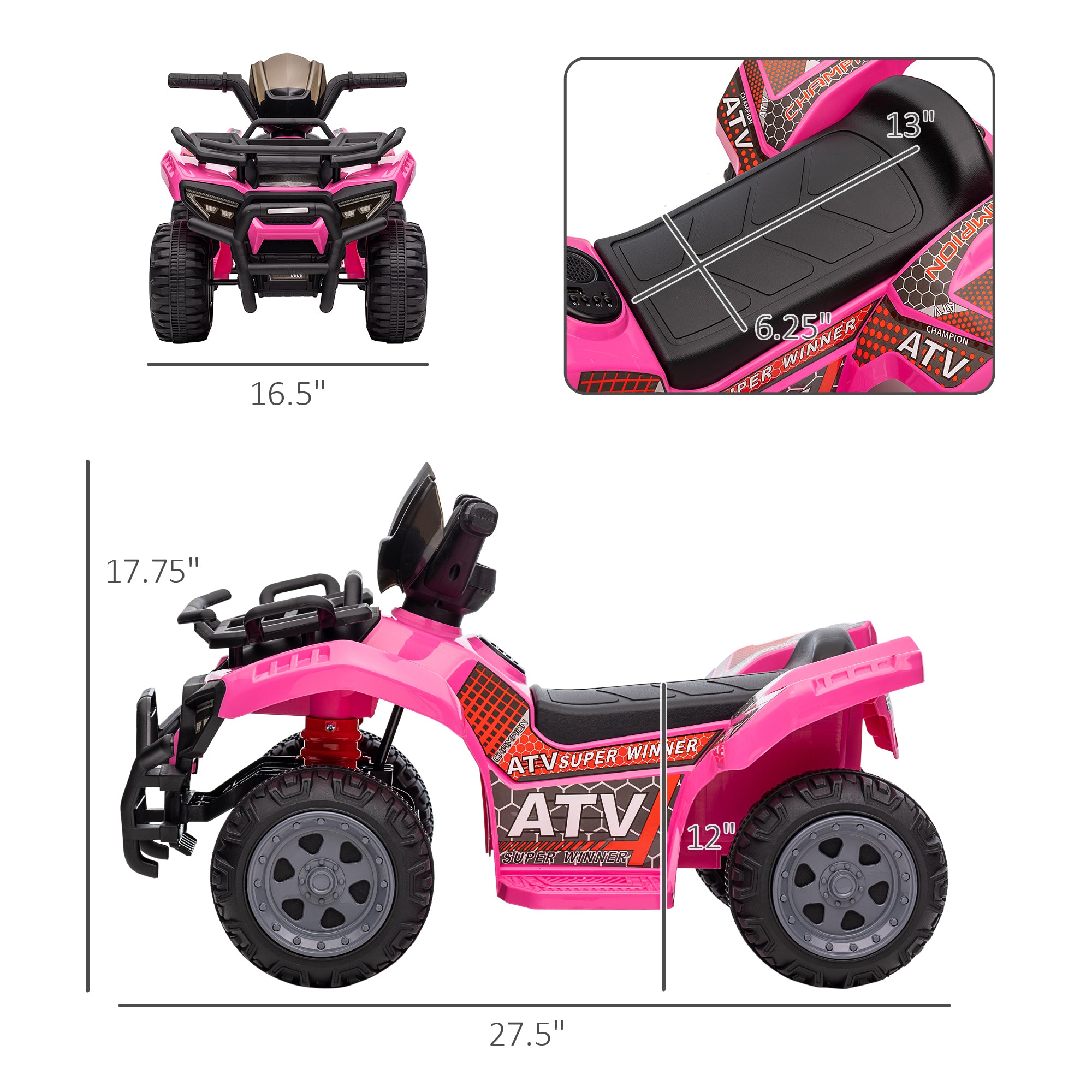Kids Four Wheeler Ride on Car, Motorized Quad, 6V Battery Powered Electric Quad with Songs for 18-36 Months, Pink