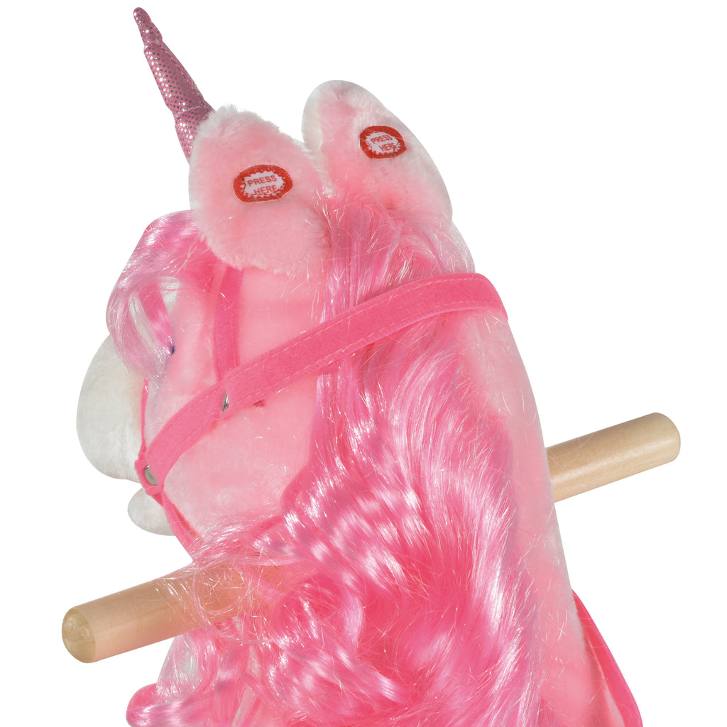 Kids Rocking Horse, Ride on Unicorn with Wooden Base, Tail Wag & Sounds for Toddlers 3-6 Years Old, Pink