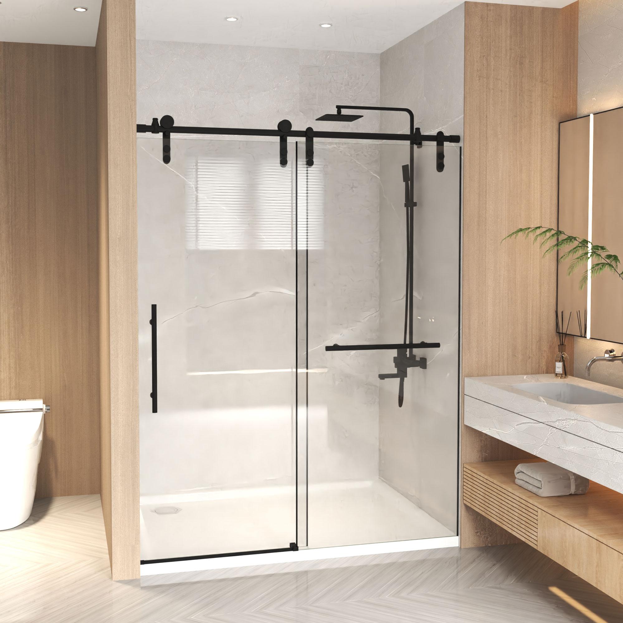 Sliding Shower Door with Waterproof Seals and Tempered Glass, Bathroom Door with Towel Bar Handle, 60" L x 0.5" W x 76" H, Matte Black