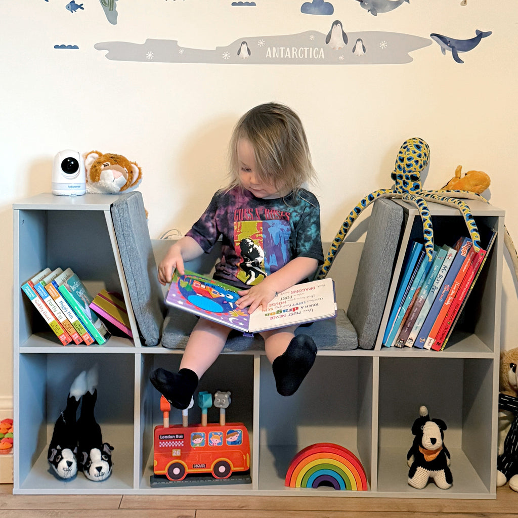 6-Cubby Kids Bookcase with Reading Nook and Cushion, Multi-Purpose Storage Organizer for Bedroom, Living Room, Grey