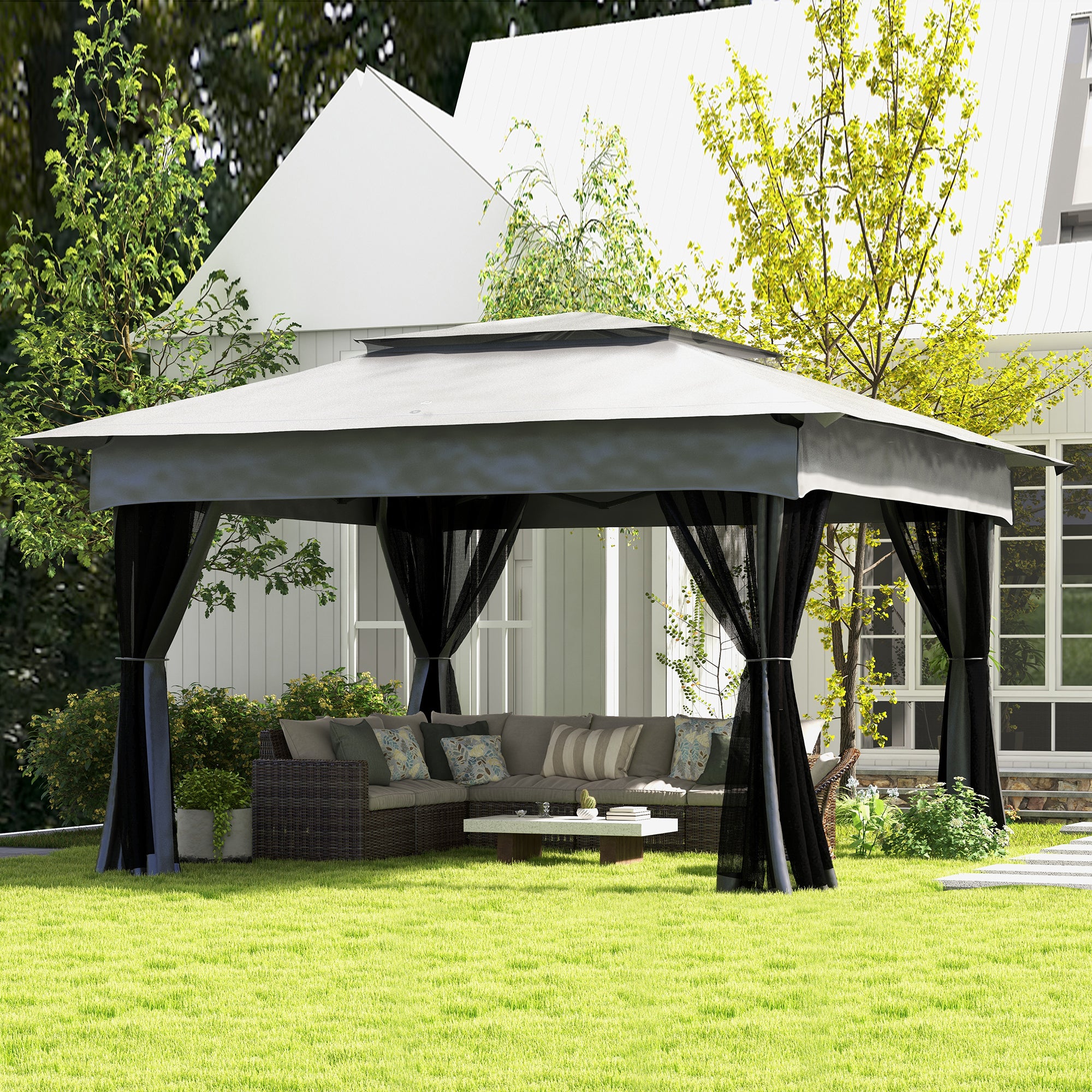 11x11 Canopy Gazebo, Portable Outdoor Patio Shelter with Zipper Mesh Privacy Netting, Carry Bag Included, for Family Use, Light Gray
