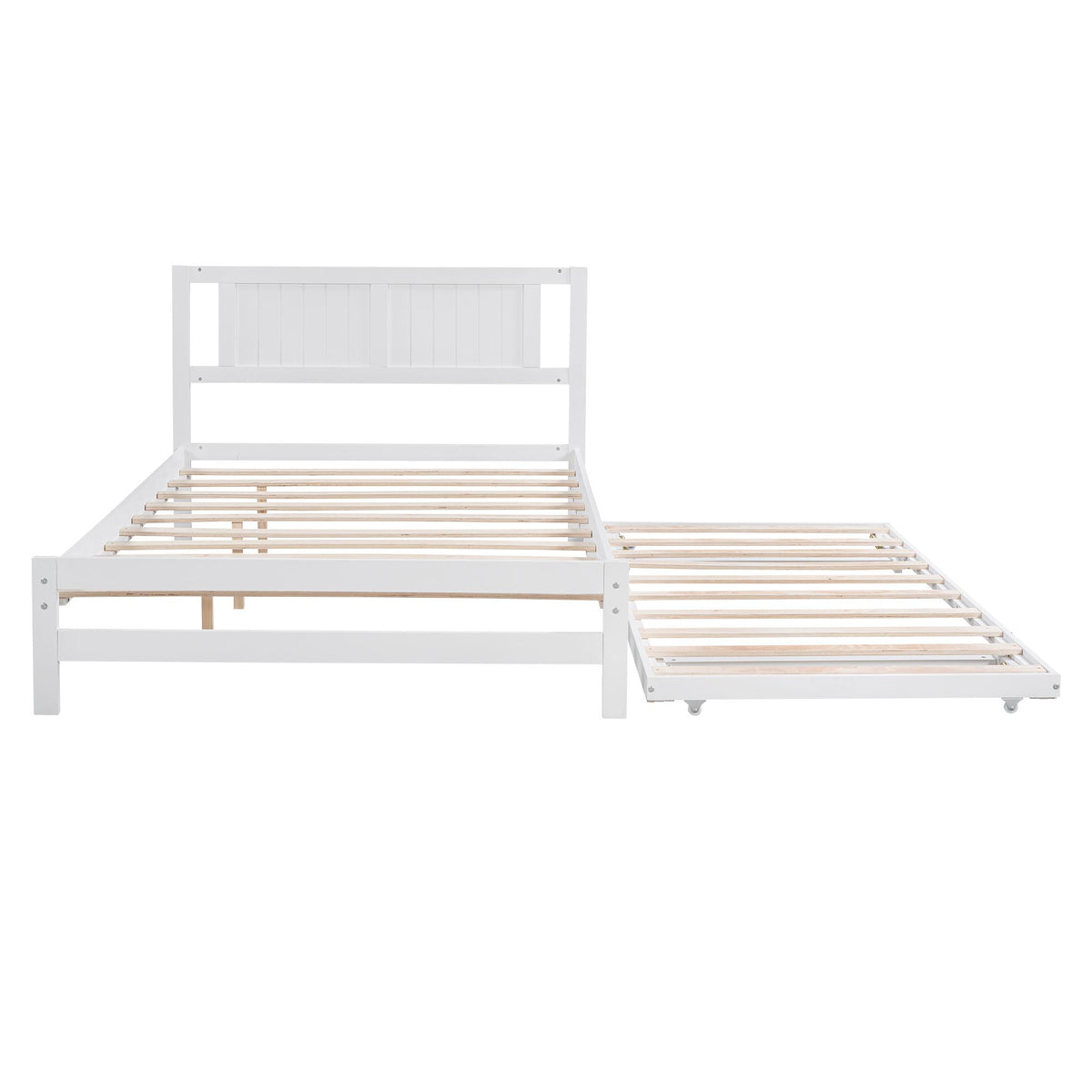 Full Size Platform Bed with Adjustable Trundle, Solid Pine Wood and MDF, 78" L x 97.5" W x 39.5" H, White