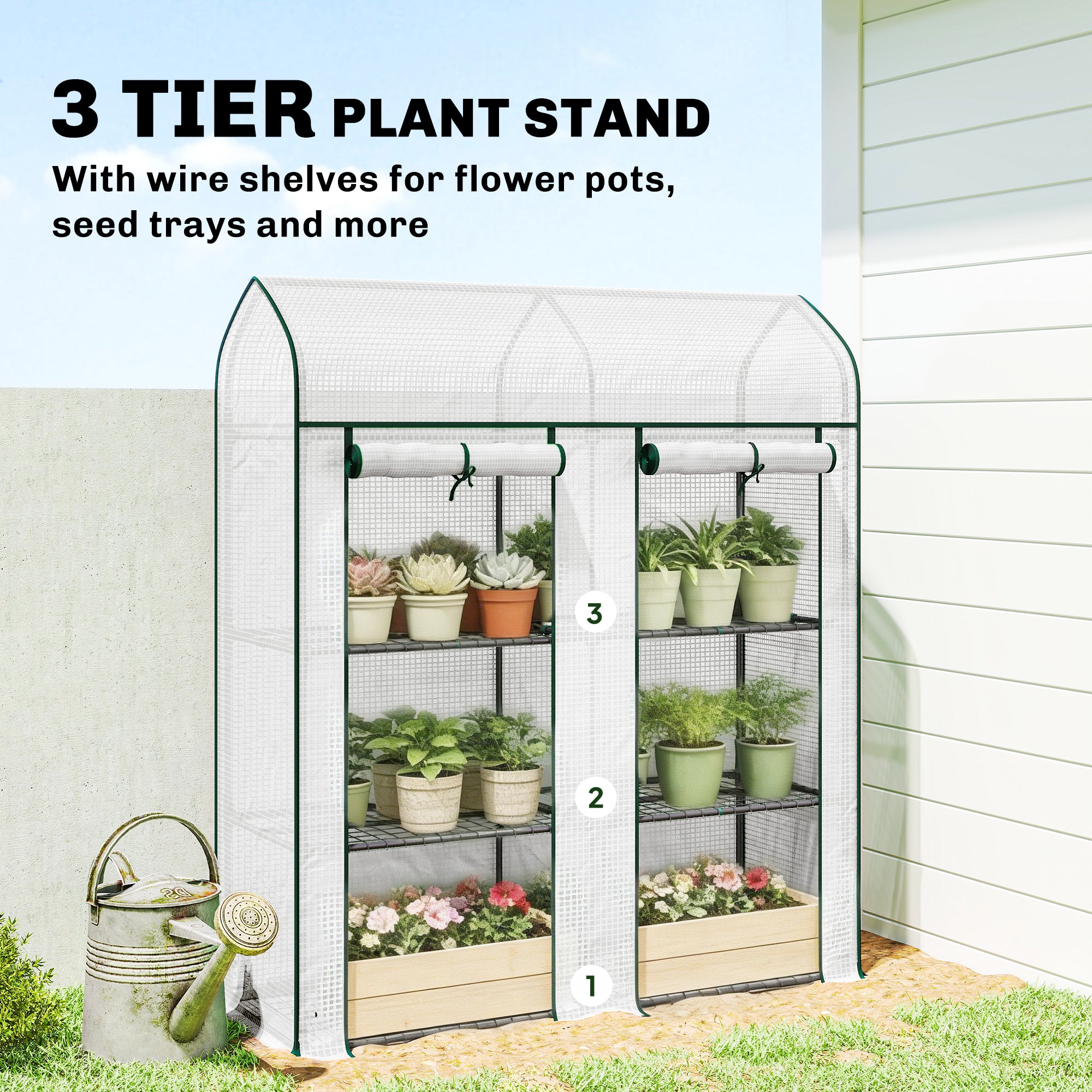 3 Tier Mini Greenhouse, Small Portable Greenhouse with 2 Roll-up Doors, 56.3" x 18.1" x 65", White
