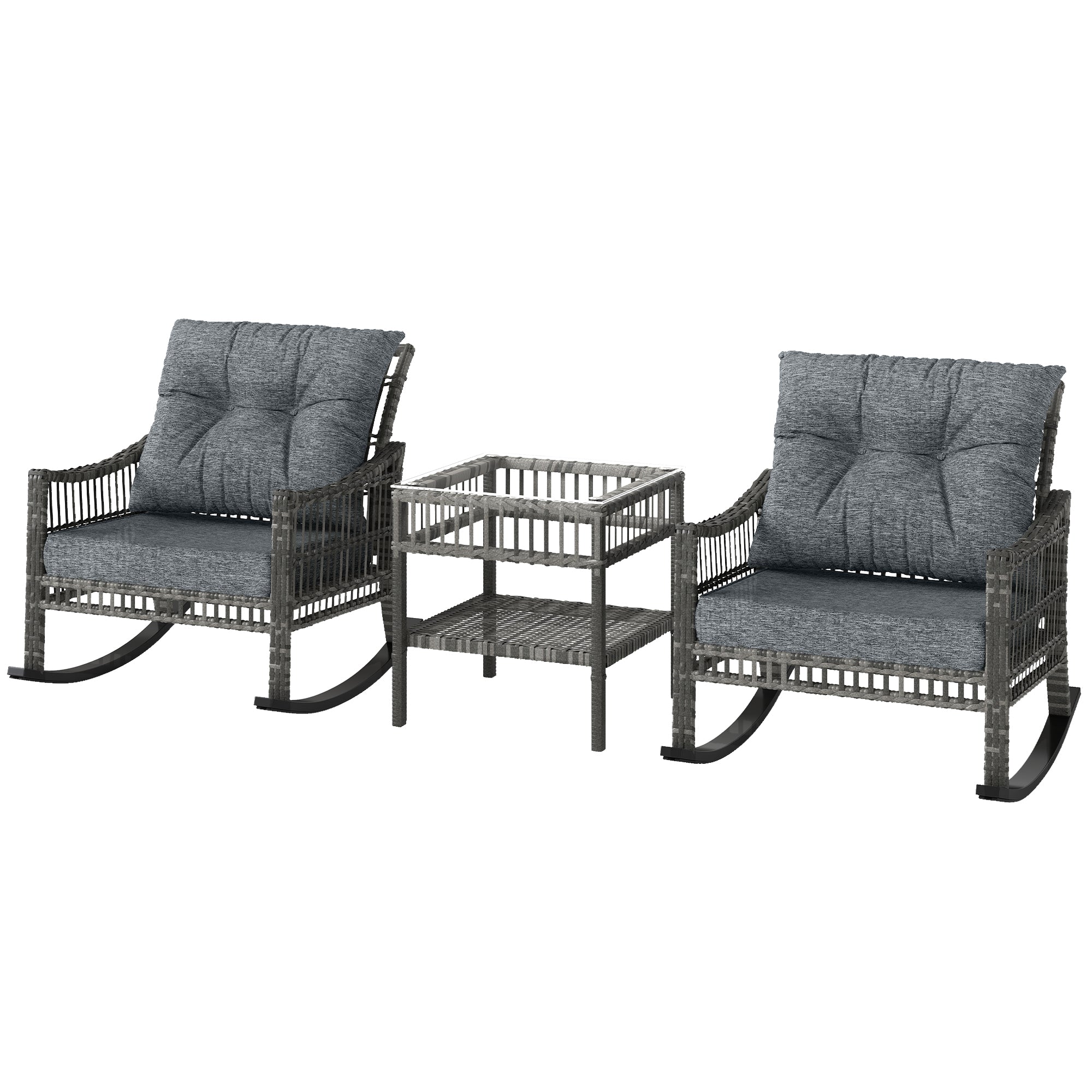 3 Piece Outdoor PE Rattan Rocker Chair Set, Rocking Chair with Tempered Glass Table Top, Gray