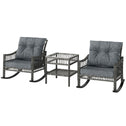 3 Piece Outdoor PE Rattan Rocker Chair Set, Rocking Chair with Tempered Glass Table Top, Gray