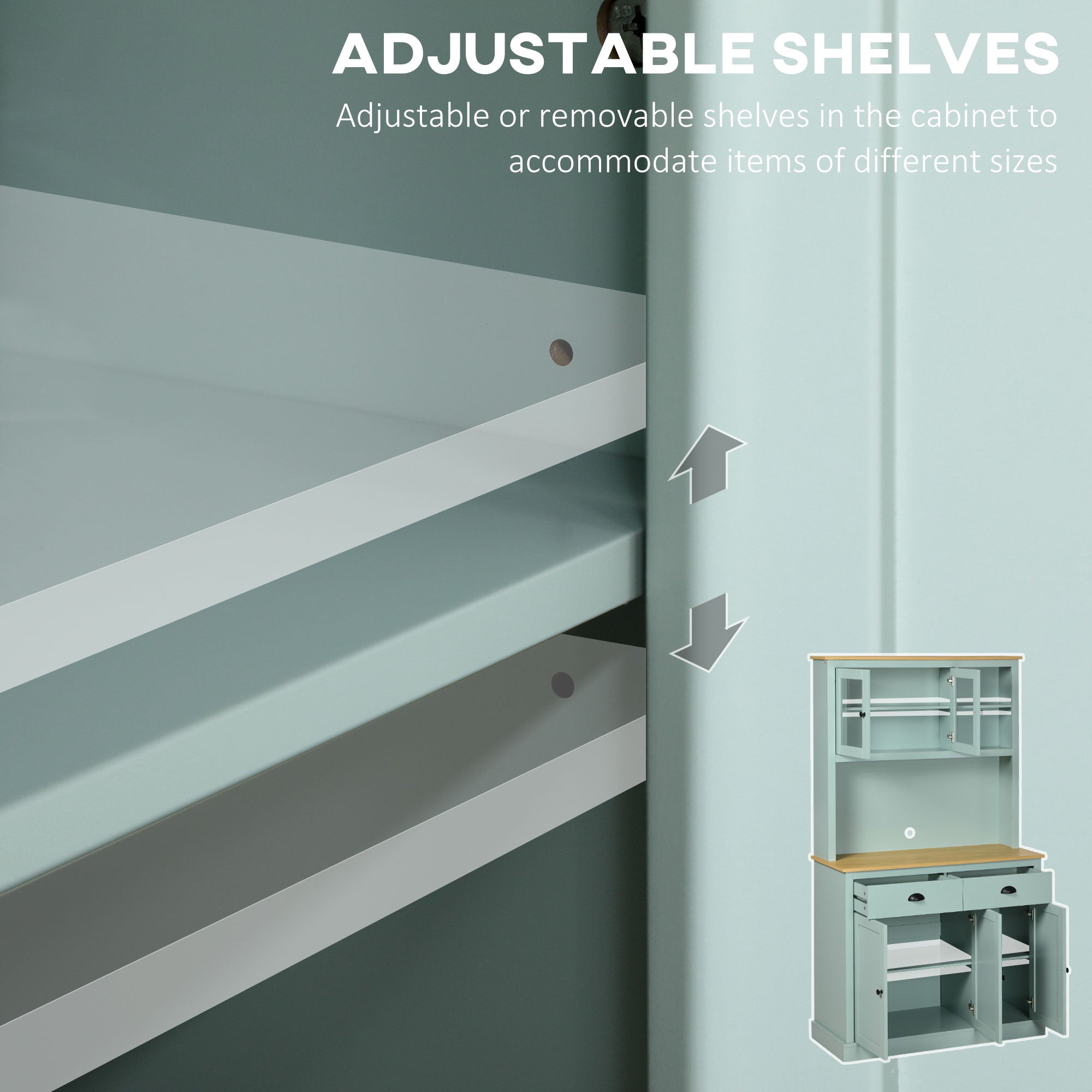 Kitchen Pantry Storage Cabinet with Microwave Stand, 71" Modern Kitchen Hutch with Open Countertop, Glass Doors, Storage Drawers and Adjustable Shelves for Dining Room, Coffee Bar, Light Green
