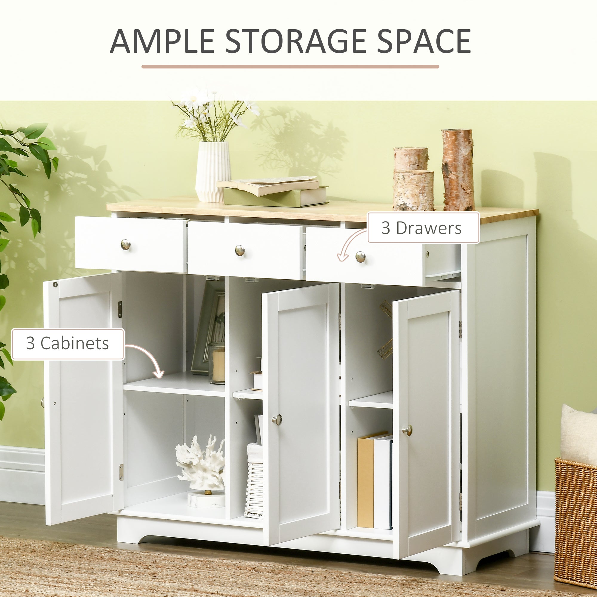 Modern Sideboard with Rubberwood Top, Buffet Cabinet with Storage Cabinets, Drawers and Adjustable Shelves, White