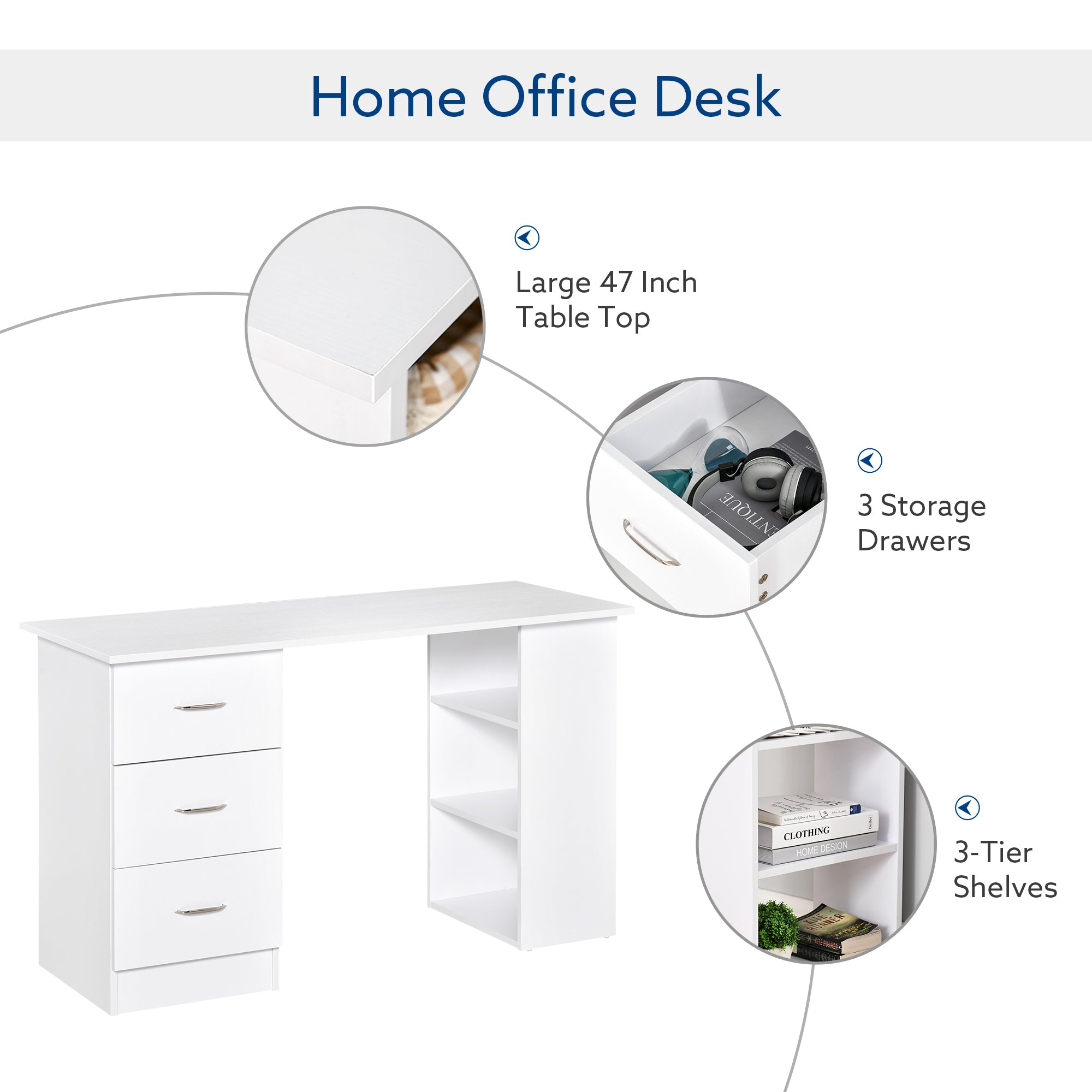 47" Modern Home Office Computer Desk Bookcase Combo Writing Table Workstation with 3 Drawer and Storage Shelf - White