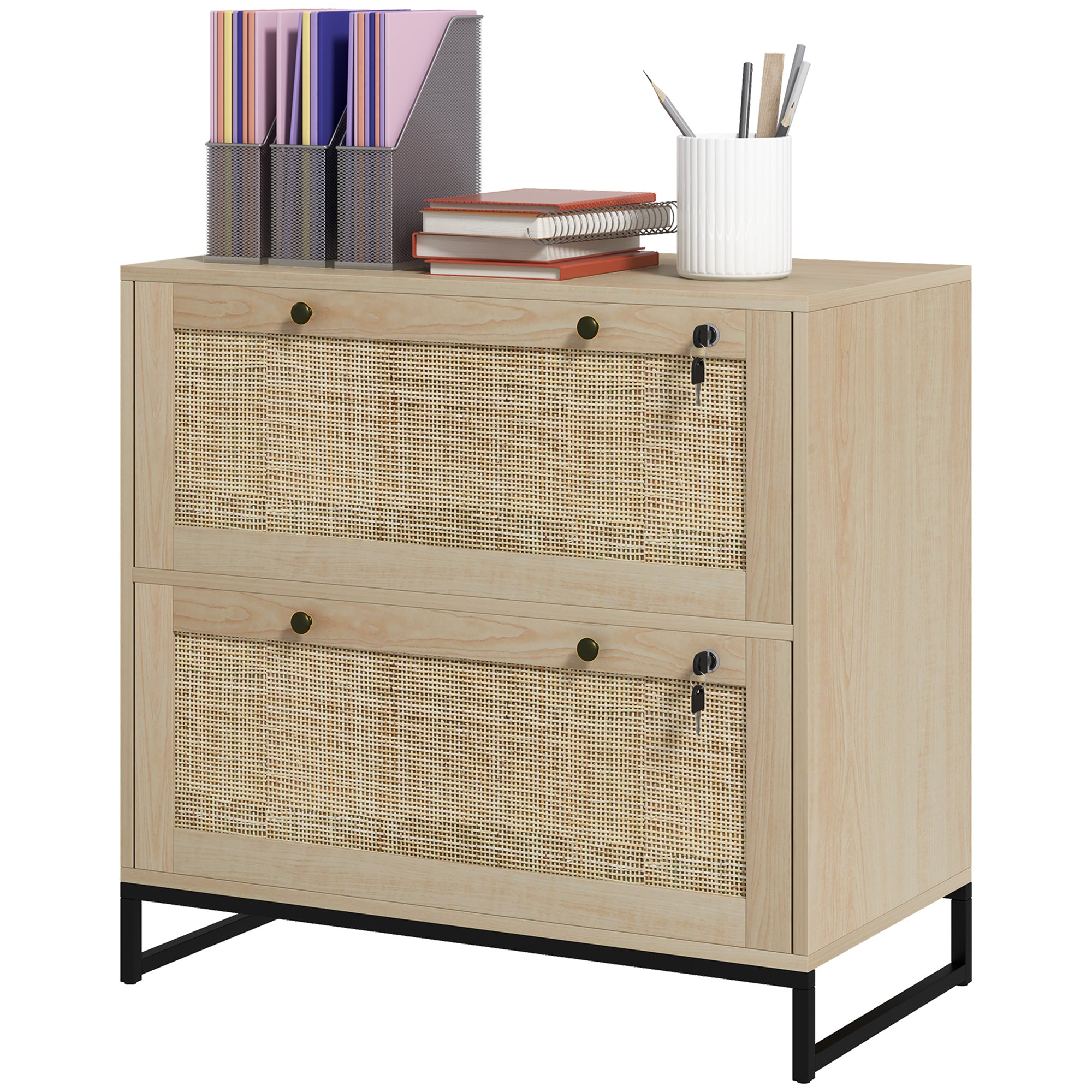 Lockable Filing Cabinet, Boho 2 Drawer File Cabinet with Adjustable Hanging Bar for Letter, A4 and Legal Size, Natural