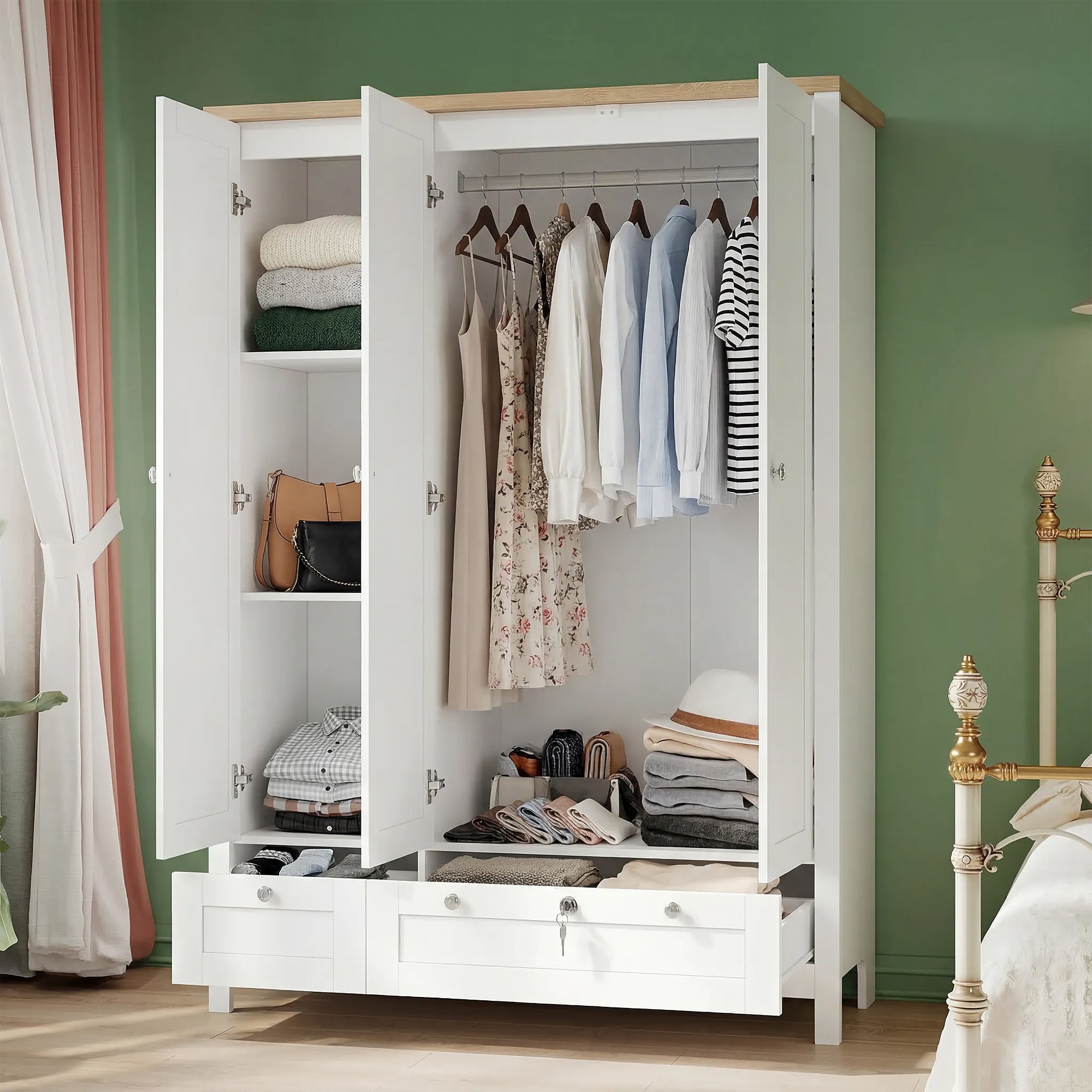 3 Doors Wardrobe Closet with 2 Drawers, Bedroom Armoire with Lockable Drawer, Hanging Rod and Storage Shelves, White