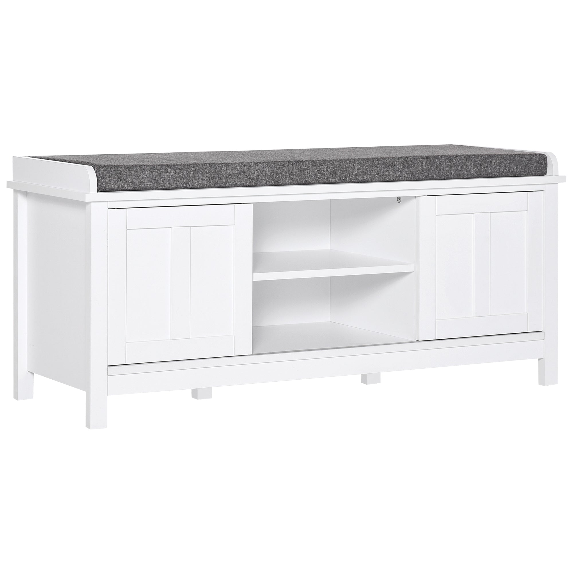 Entryway Shoe Bench Storage Ottoman with Sliding Doors, Adjustable Shelving, 6 Compartments, and Padded Seat, Holds 10 Pairs, White