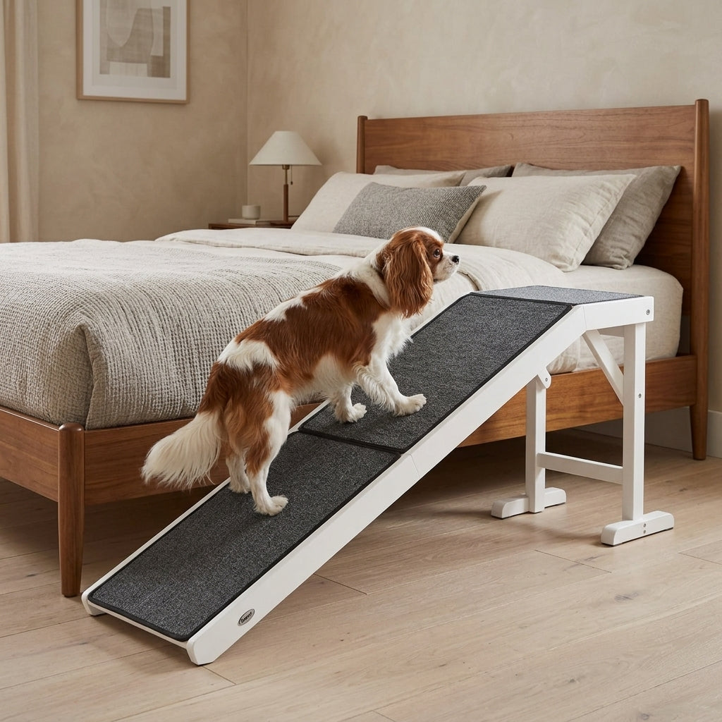 Dog Ramp Foldable with Non-slip Carpet Top Platform, Gray, White