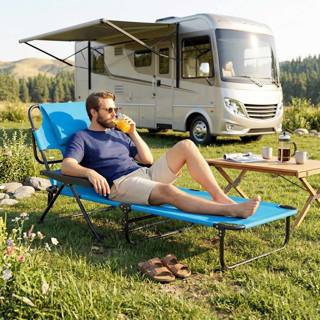 Folding Lounge Chair w/ Reclining Back, Light Blue