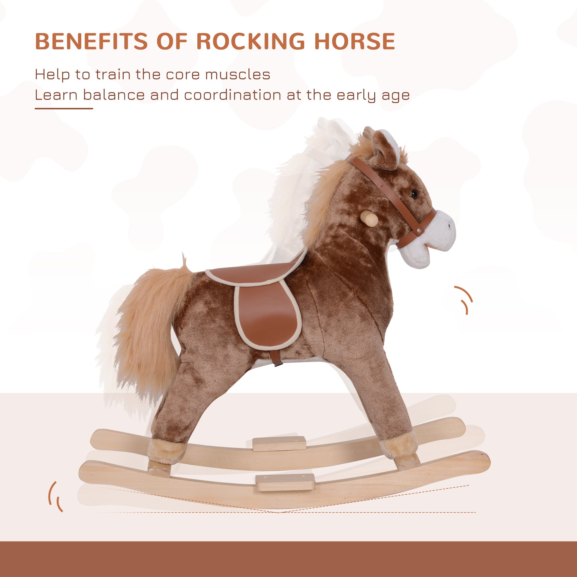 Kids Rocking Horse with Soft Plush Body, Wooden Base & Handle Grip for Years 3+