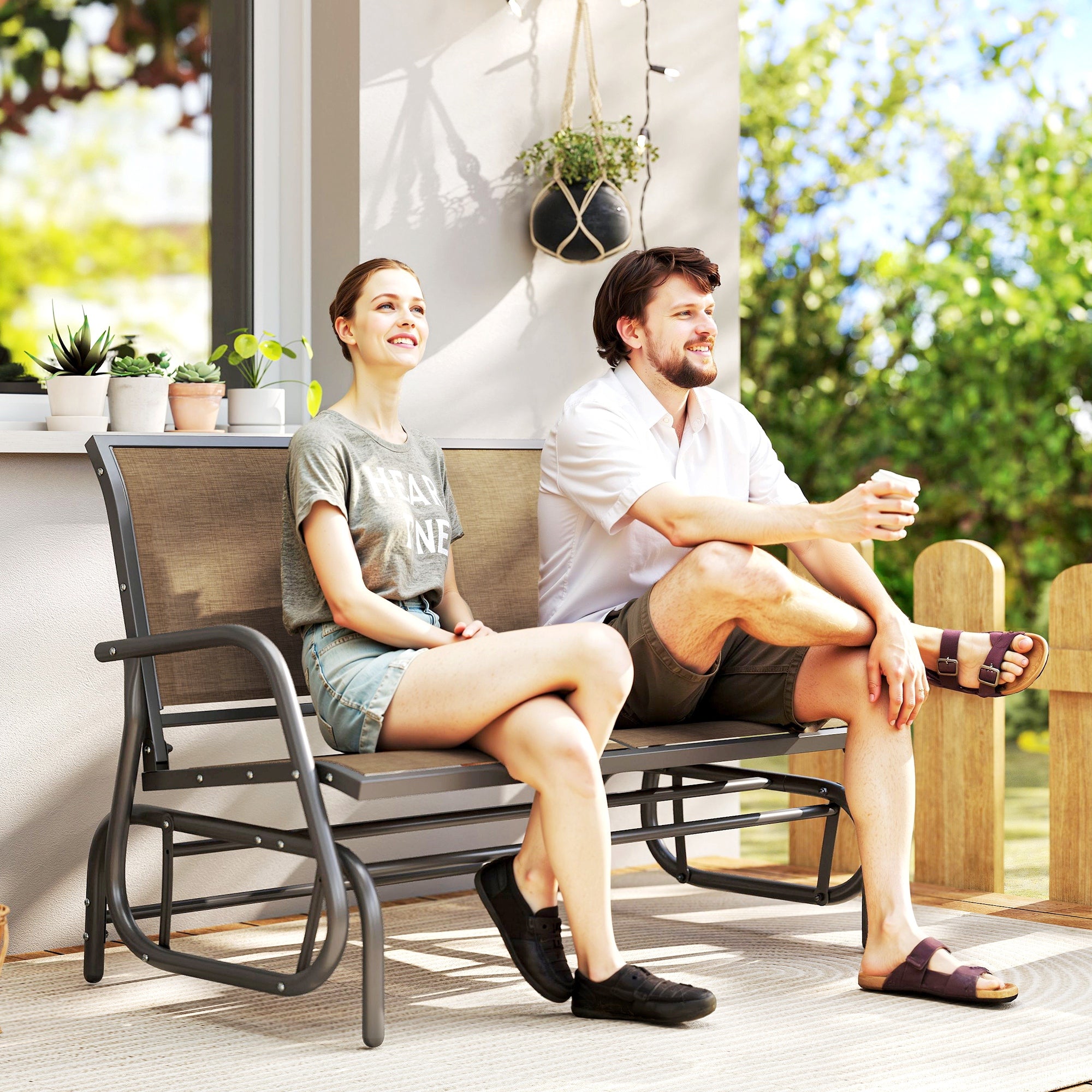2-Person Outdoor Glider Bench, Patio Double Swing Rocking Chair Loveseat with Steel Frame, Light Mixed Brown