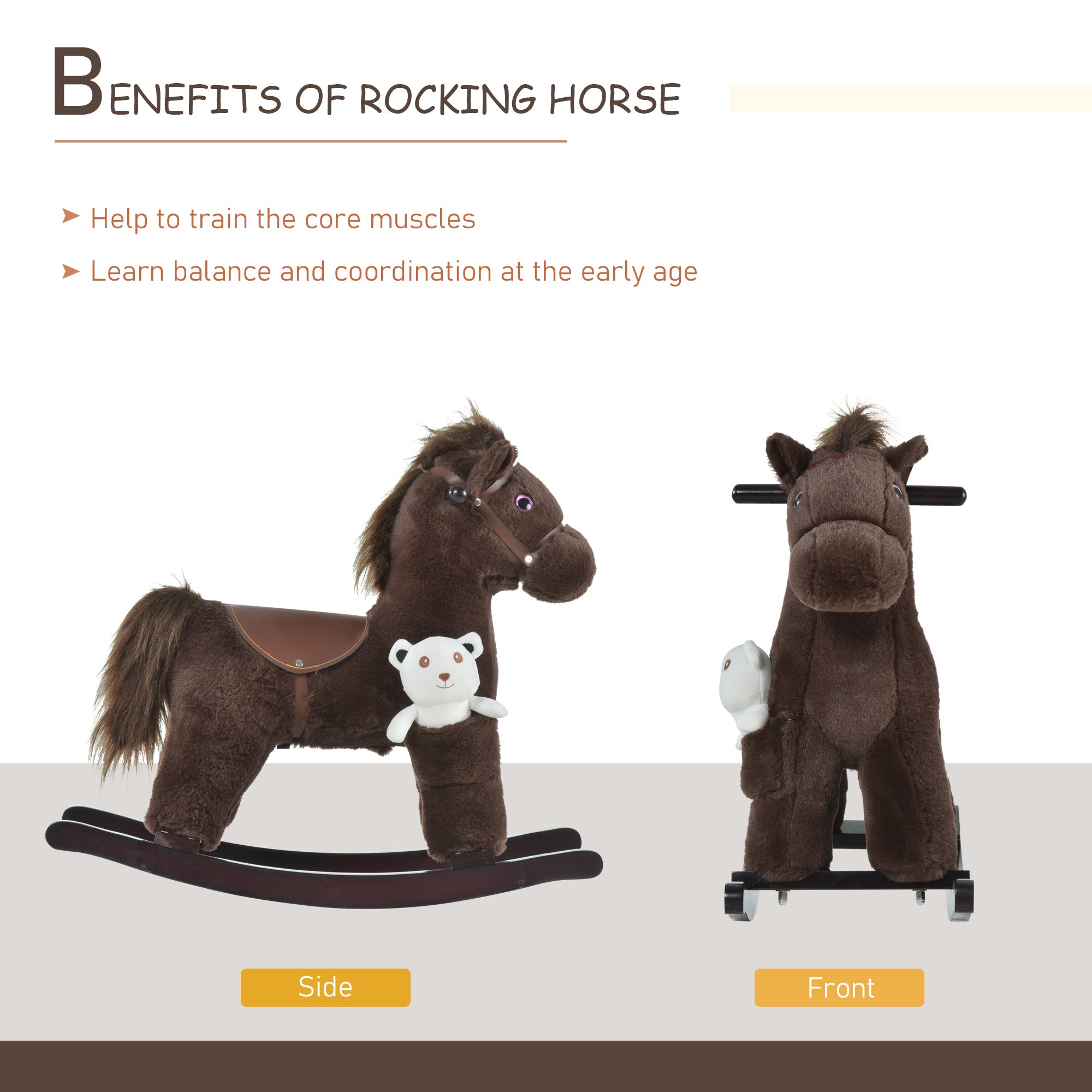 Kids Rocking Horse with Bear Toy, Plush Animal Rocker with Fun Realistic Sounds for Toddler 18-36 Months, Brown