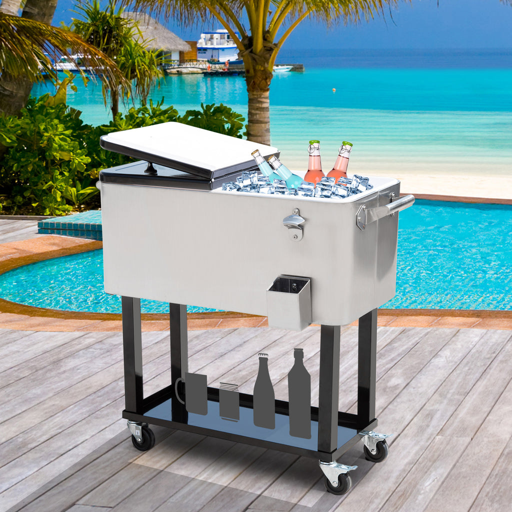 80 QT Rolling Cooling Bins Ice Chest on Wheels Outdoor Stand Up Drink Cooler Cart for Party, Silver