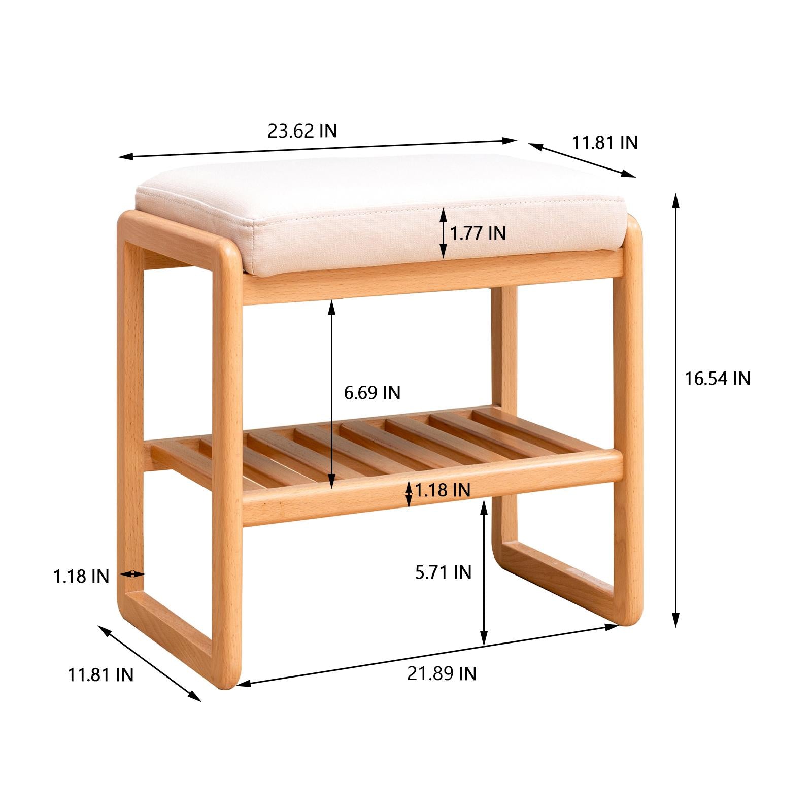 Versatile Shoe Bench with Memory Foam Cushion, Sturdy Shoe Rack with 2-Tier Shoe Storage, 23.5″ L x 12″ W x 16.5″ H, Natural