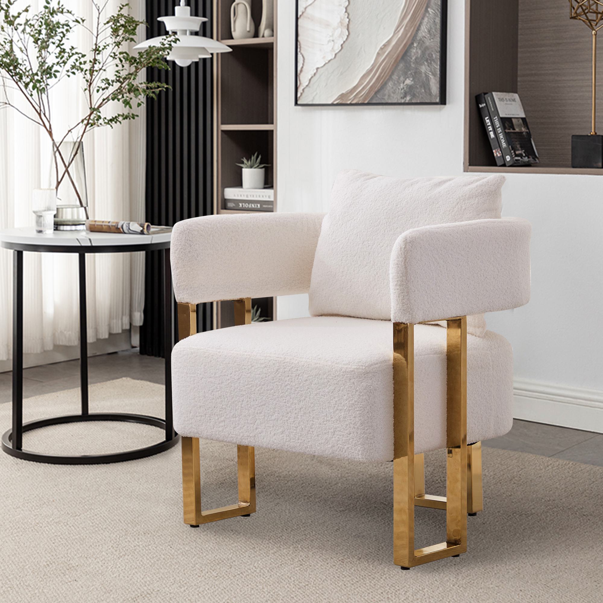 2-Set Living Room Teddy Fleece Upholstered Side Chair with Gold Metal Legs, Modern Decorative Chair, 26" L x 24.5" W x 27" H, White+Gold